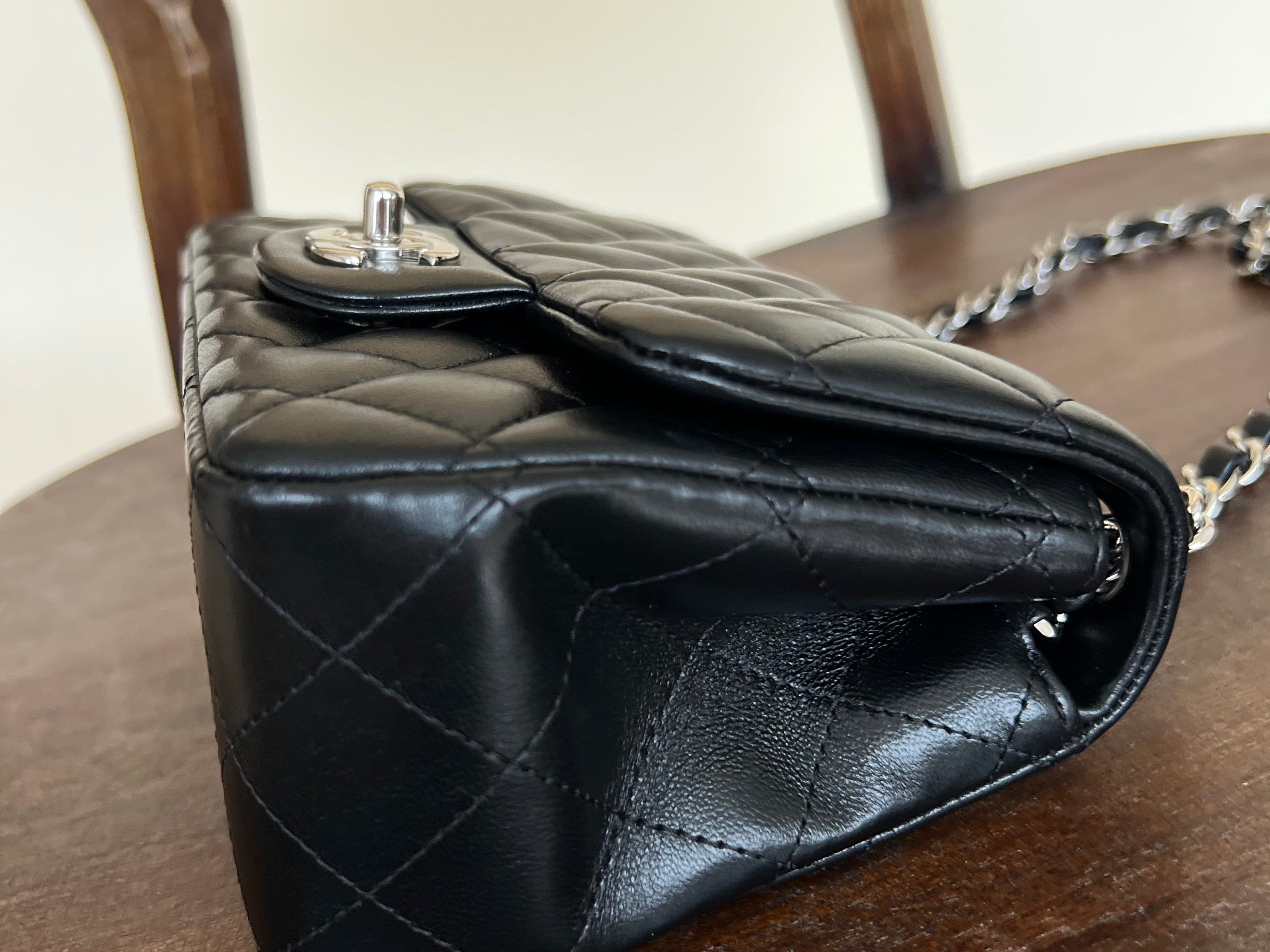 CHANEL Handbag CHANEL BLACK MINI SQUARE LAMBSKIN QUILTED FLAP SILVER HARDWARE - Redeluxe