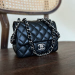 CHANEL Handbag CHANEL BLACK MINI SQUARE LAMBSKIN QUILTED FLAP SILVER HARDWARE - Redeluxe