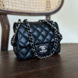 CHANEL Handbag CHANEL BLACK MINI SQUARE LAMBSKIN QUILTED FLAP SILVER HARDWARE - Redeluxe