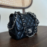 CHANEL Handbag CHANEL BLACK MINI SQUARE LAMBSKIN QUILTED FLAP SILVER HARDWARE - Redeluxe