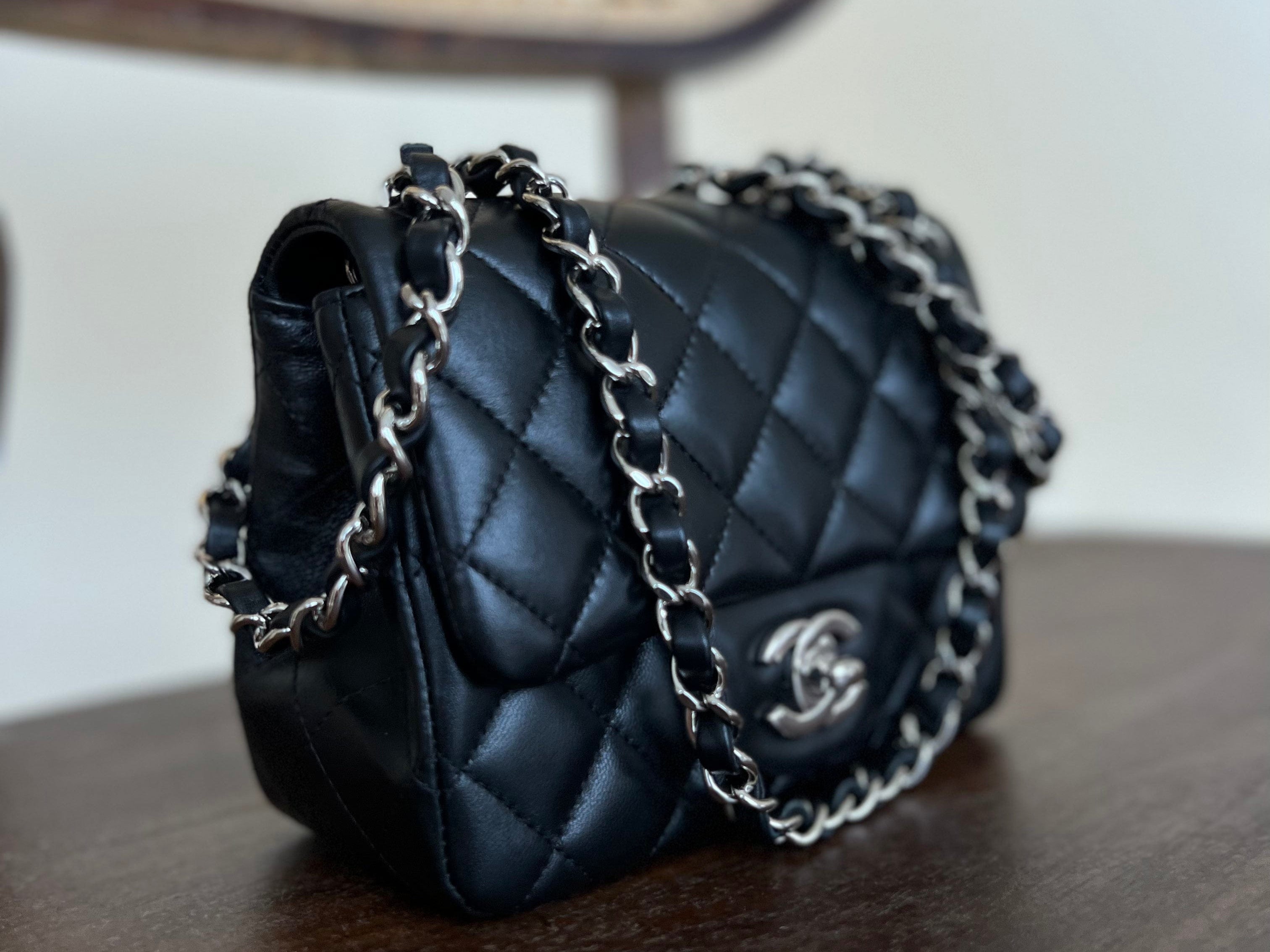 CHANEL Handbag CHANEL BLACK MINI SQUARE LAMBSKIN QUILTED FLAP SILVER HARDWARE - Redeluxe