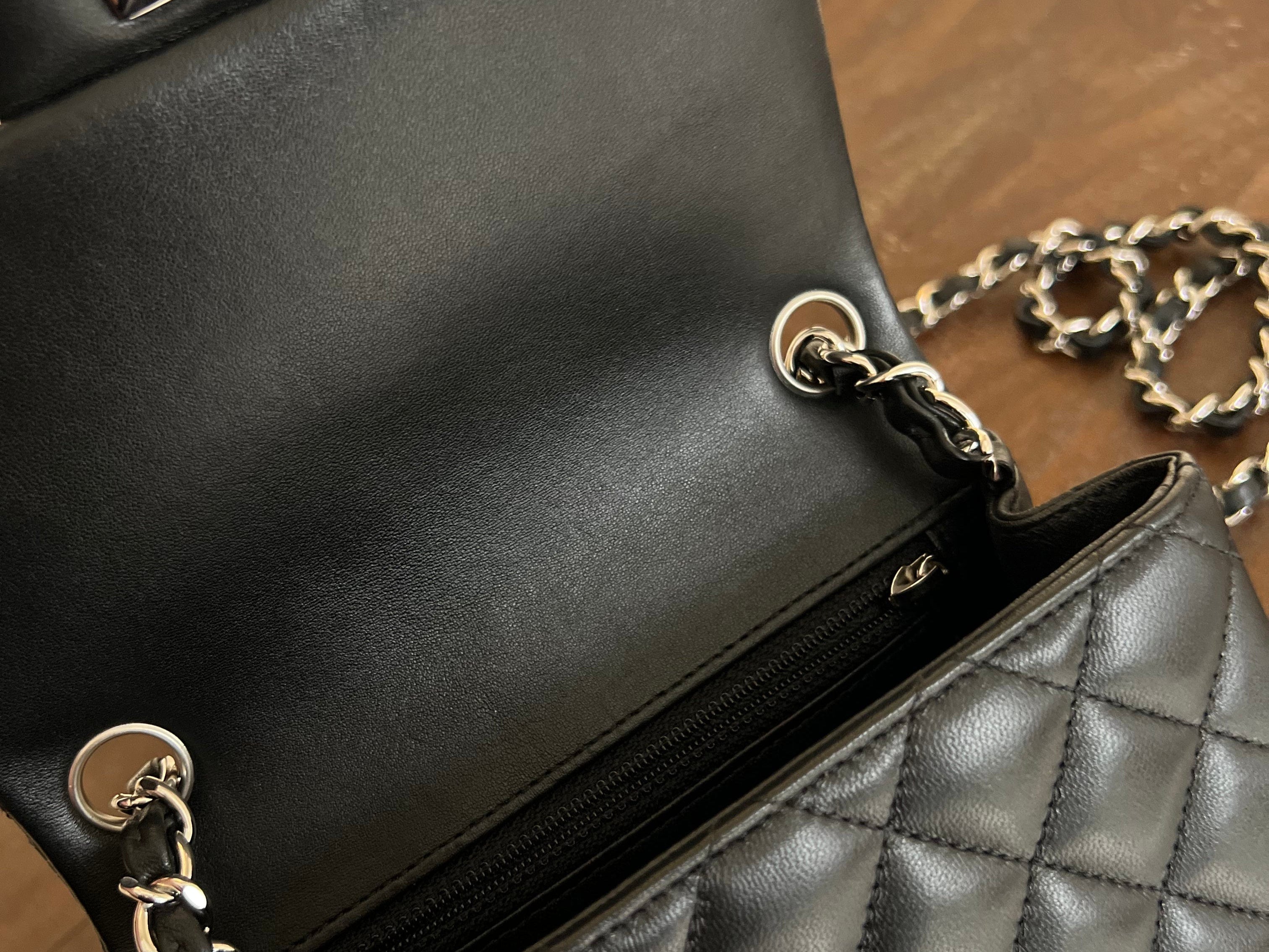 CHANEL Handbag CHANEL BLACK MINI SQUARE LAMBSKIN QUILTED FLAP SILVER HARDWARE - Redeluxe