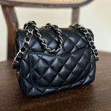 CHANEL Handbag CHANEL BLACK MINI SQUARE LAMBSKIN QUILTED FLAP SILVER HARDWARE - Redeluxe