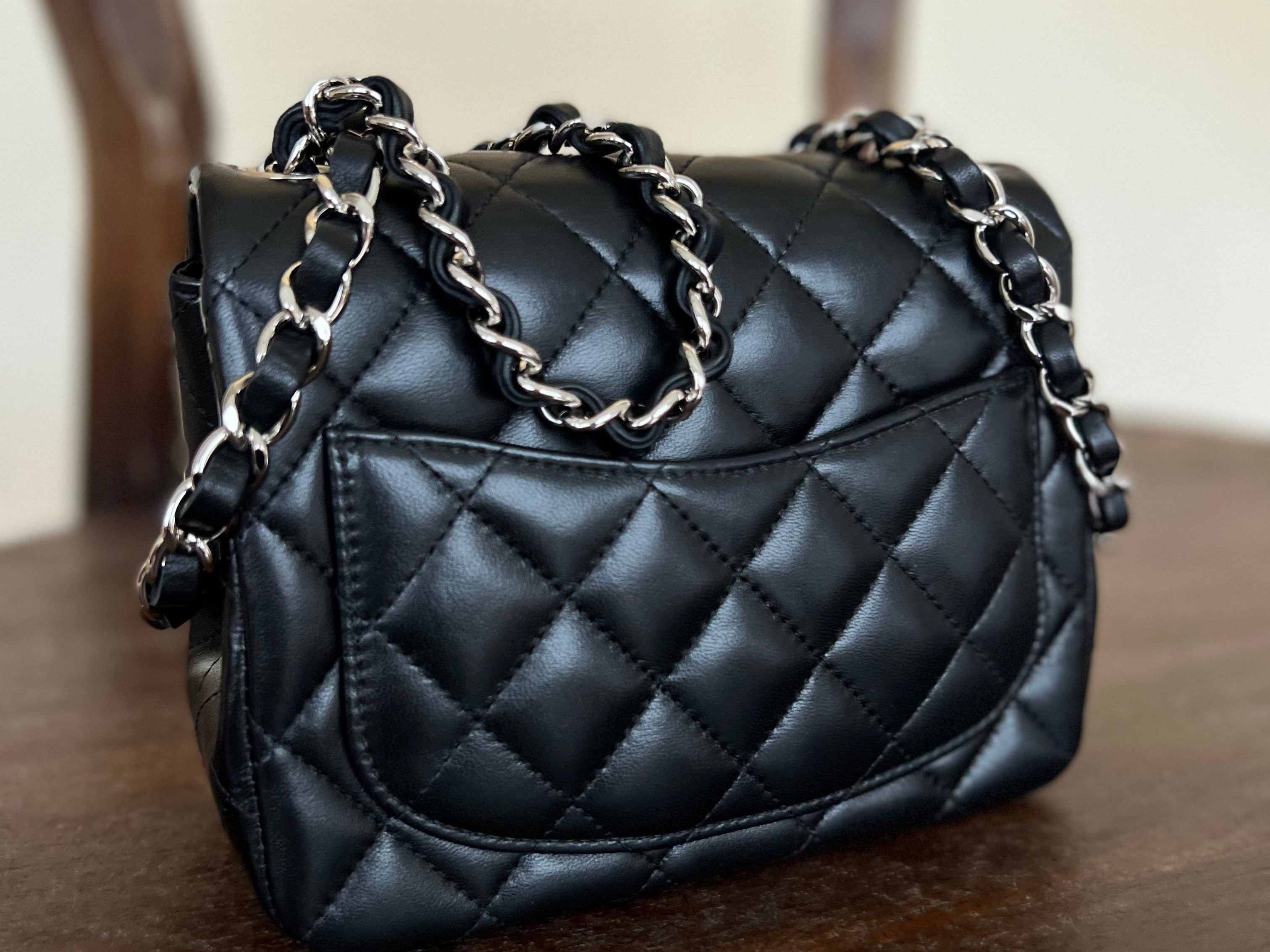 ★TOUT Y EST★ Square 2 way mini black SK5420FBK CHANEL BLACK MINI SQUARE LAMBSKIN QUILTED FLAP SILVER
