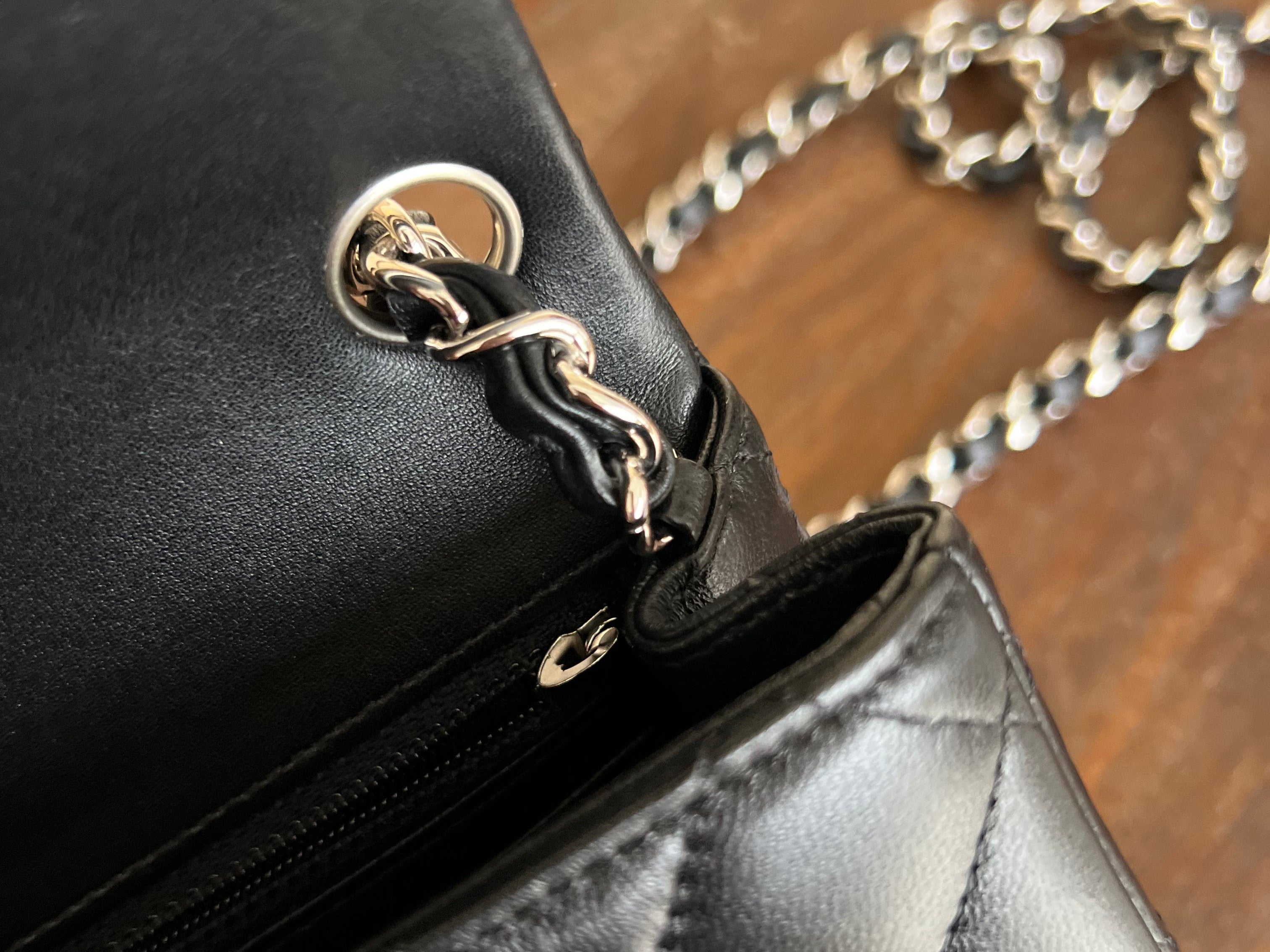 CHANEL Handbag CHANEL BLACK MINI SQUARE LAMBSKIN QUILTED FLAP SILVER HARDWARE - Redeluxe