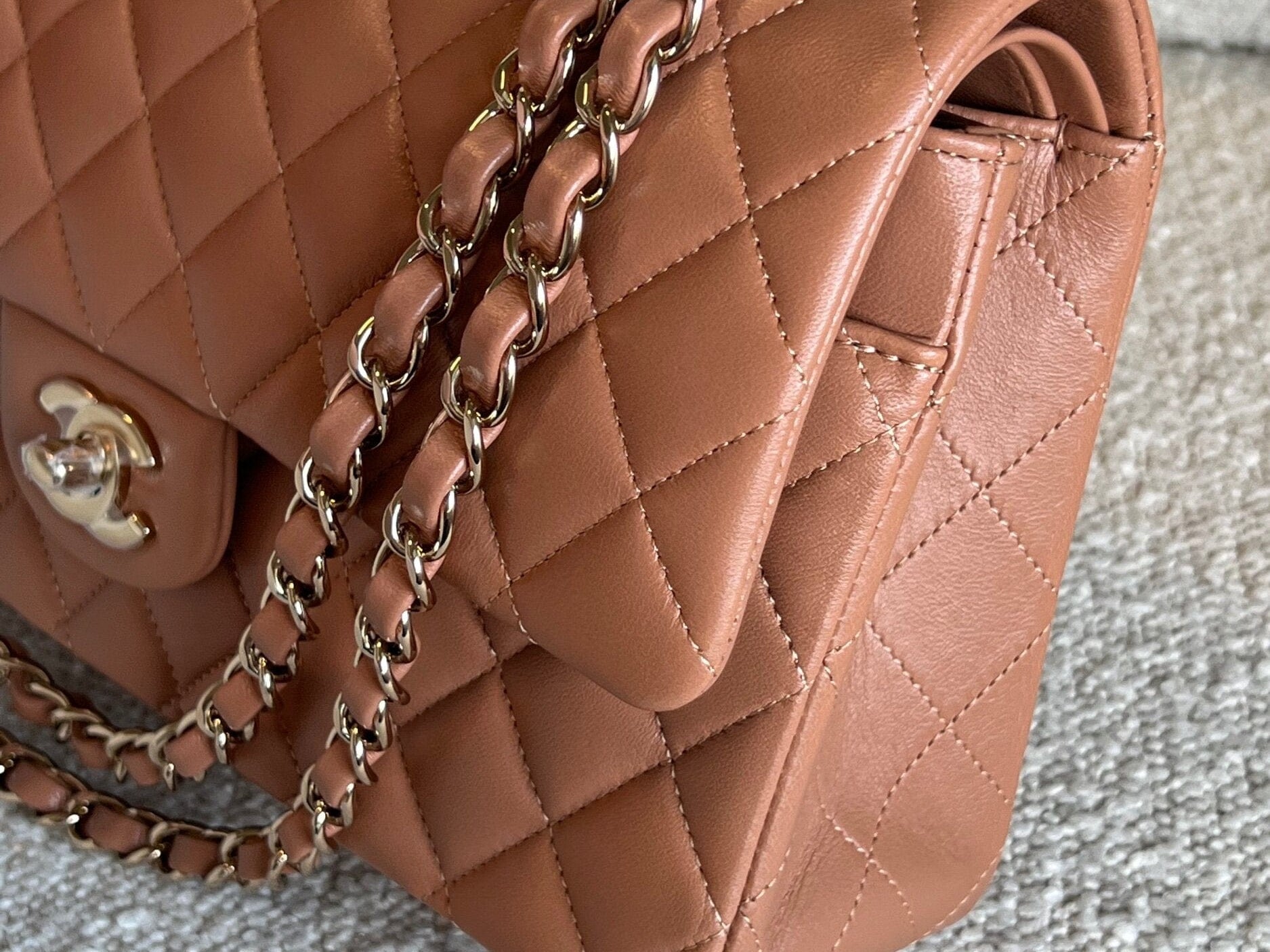 CHANEL Handbag Chanel Caramel Lambskin Quilted Classic Flap Medium LGHW - Redeluxe