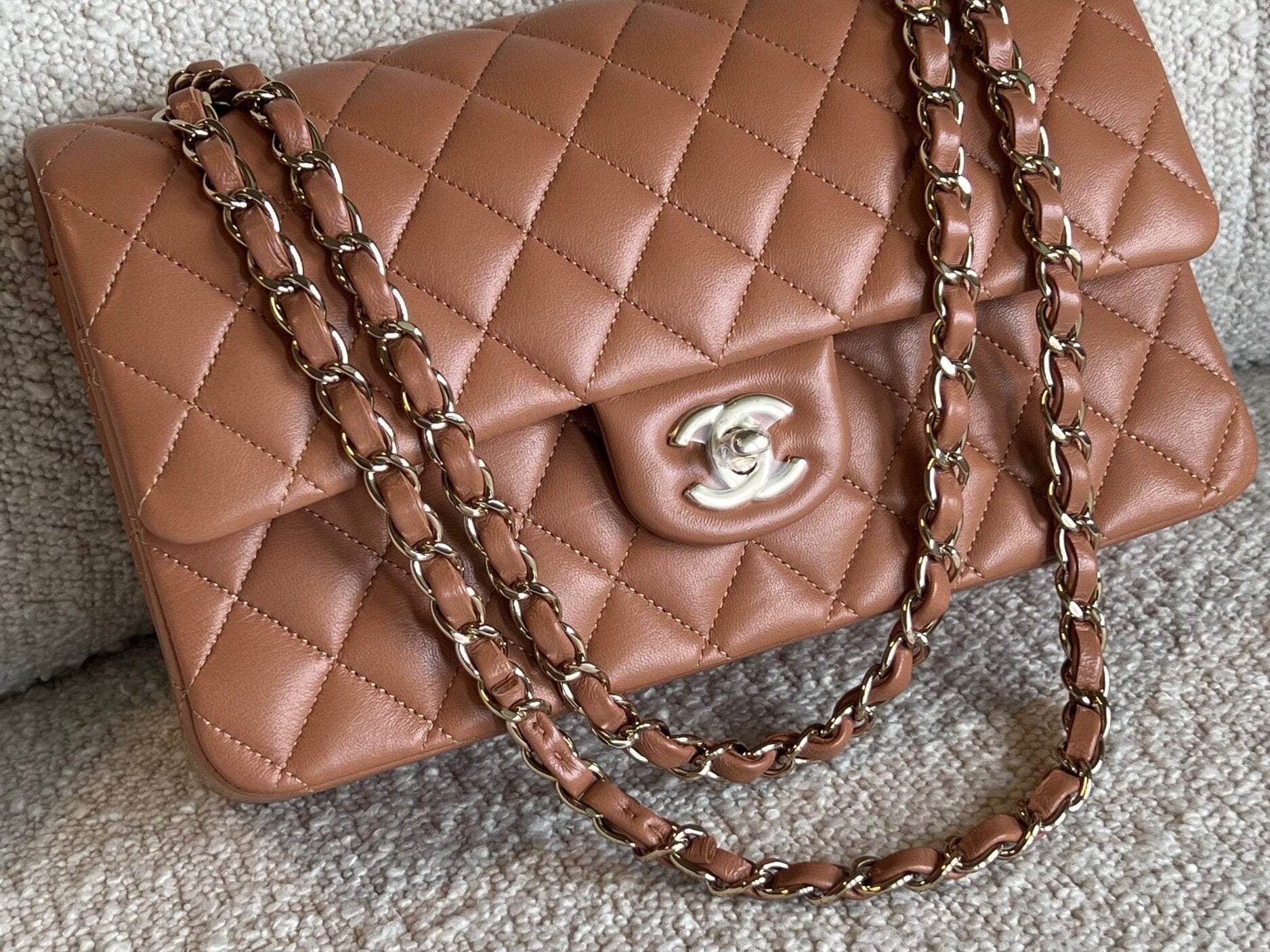 CHANEL Handbag Chanel Caramel Lambskin Quilted Classic Flap Medium LGHW - Redeluxe