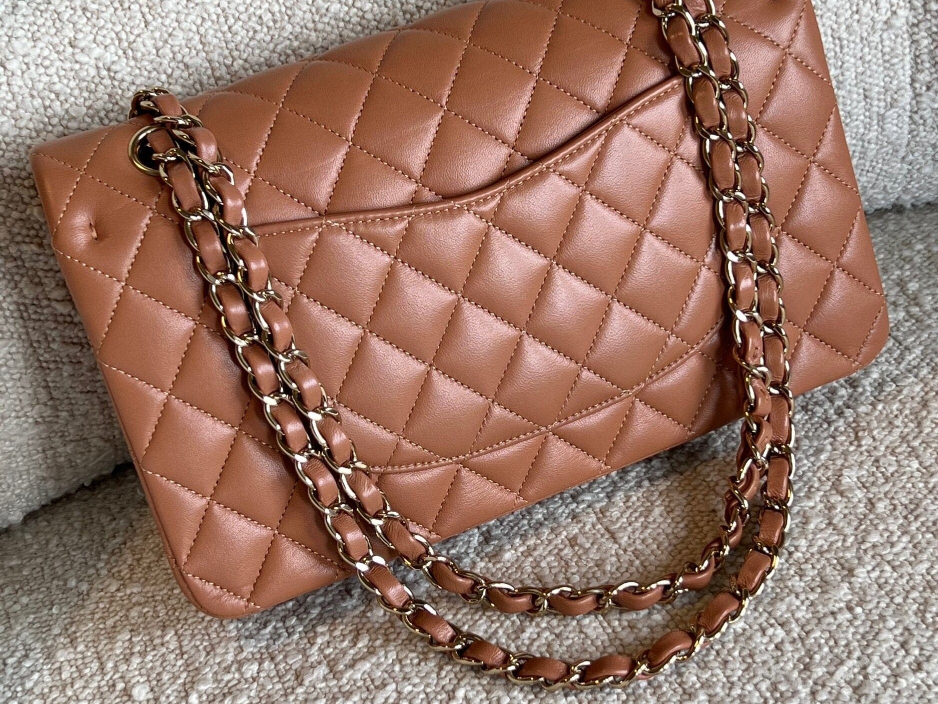 CHANEL Handbag Chanel Caramel Lambskin Quilted Classic Flap Medium LGHW - Redeluxe