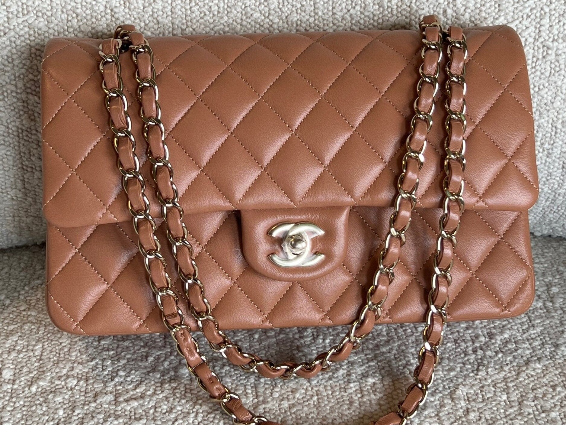 CHANEL Handbag Chanel Caramel Lambskin Quilted Classic Flap Medium LGHW - Redeluxe