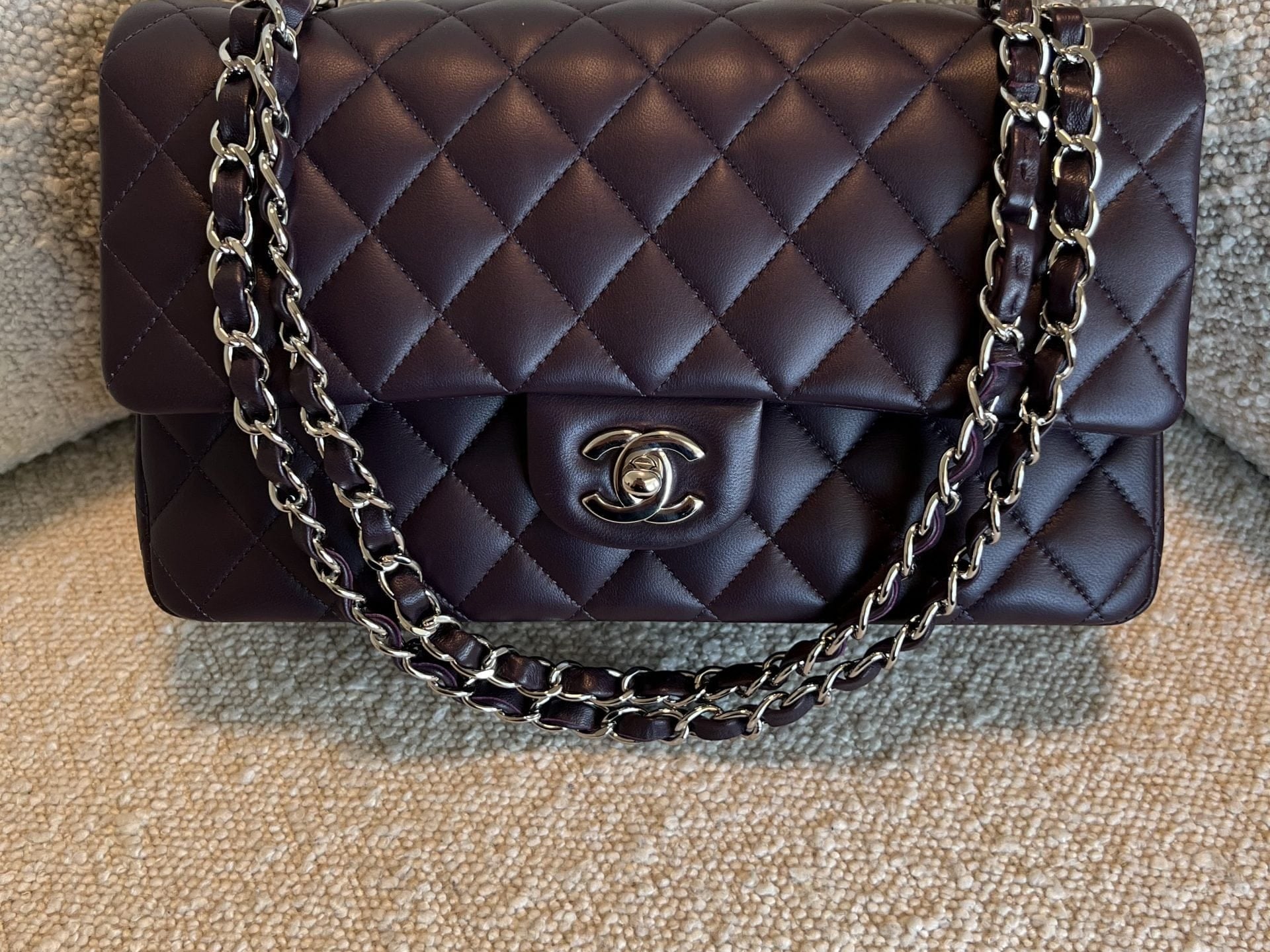 CHANEL Handbag Chanel Dark Purple Lambskin Quilted Classic Flap Medium SHW - Redeluxe