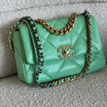 CHANEL Handbag Chanel Green Goatskin Quilted Small 19 Flap MHW - Redeluxe