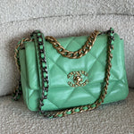 CHANEL Handbag Chanel Green Goatskin Quilted Small 19 Flap MHW - Redeluxe
