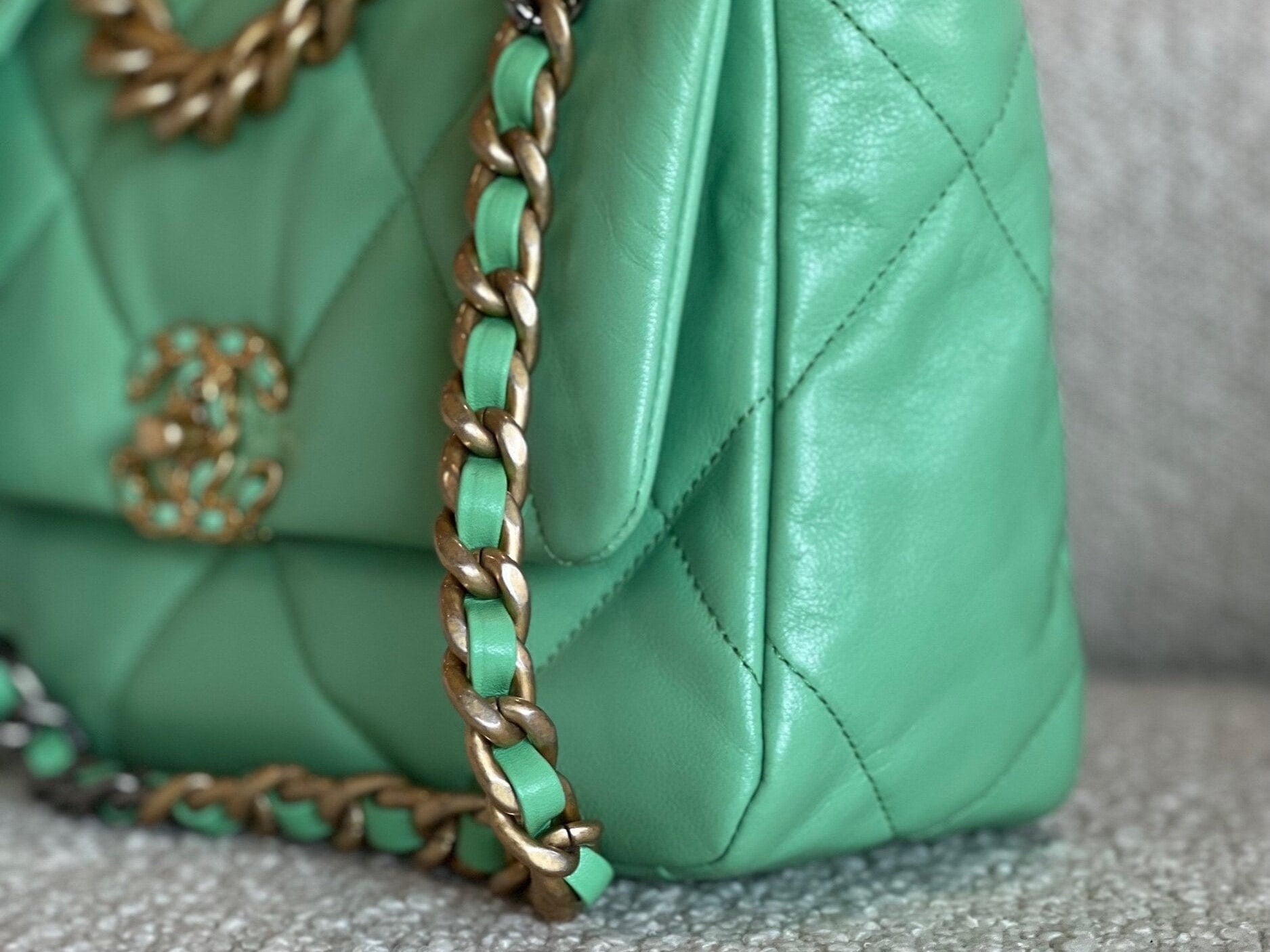 CHANEL Handbag Chanel Green Goatskin Quilted Small 19 Flap MHW - Redeluxe