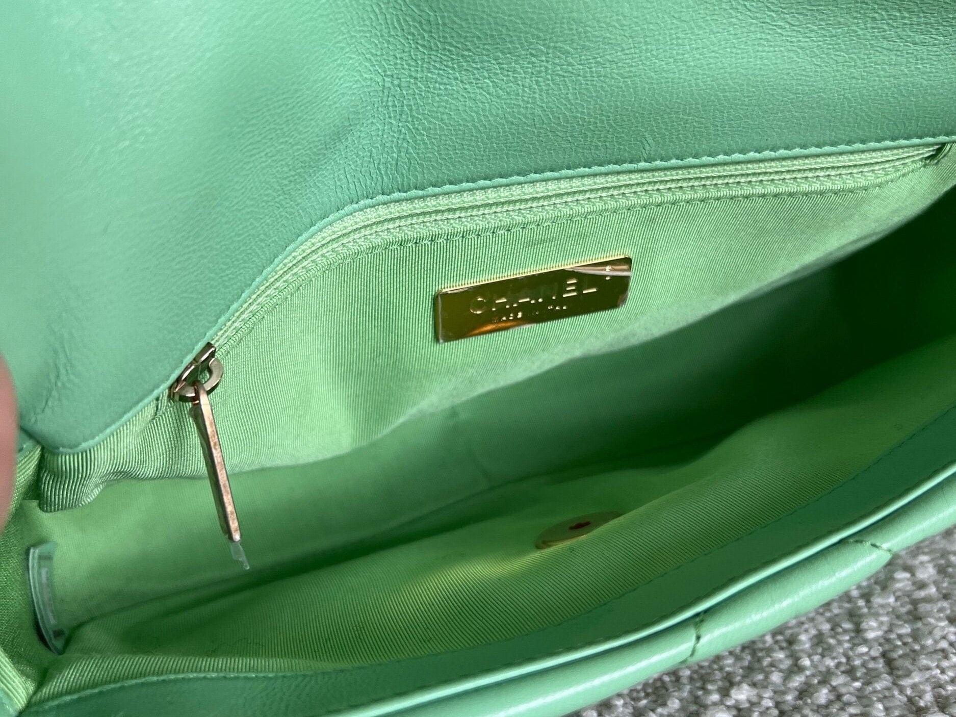 CHANEL Handbag Chanel Green Goatskin Quilted Small 19 Flap MHW - Redeluxe