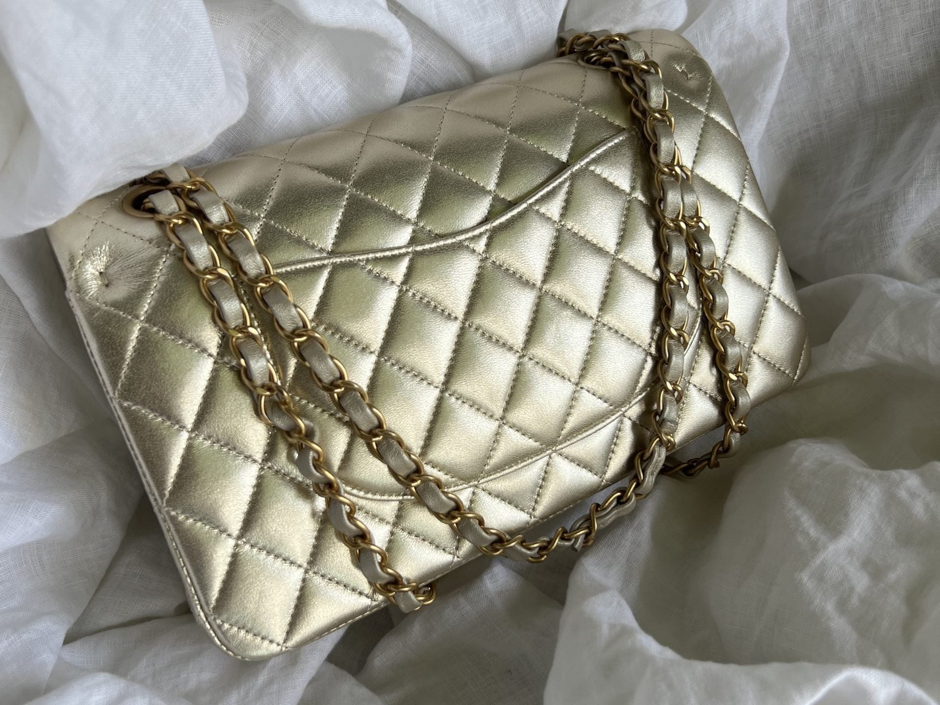 CHANEL Handbag Chanel Metallic Gold Lambskin Quilted Classic Flap Medium AGHW - Redeluxe