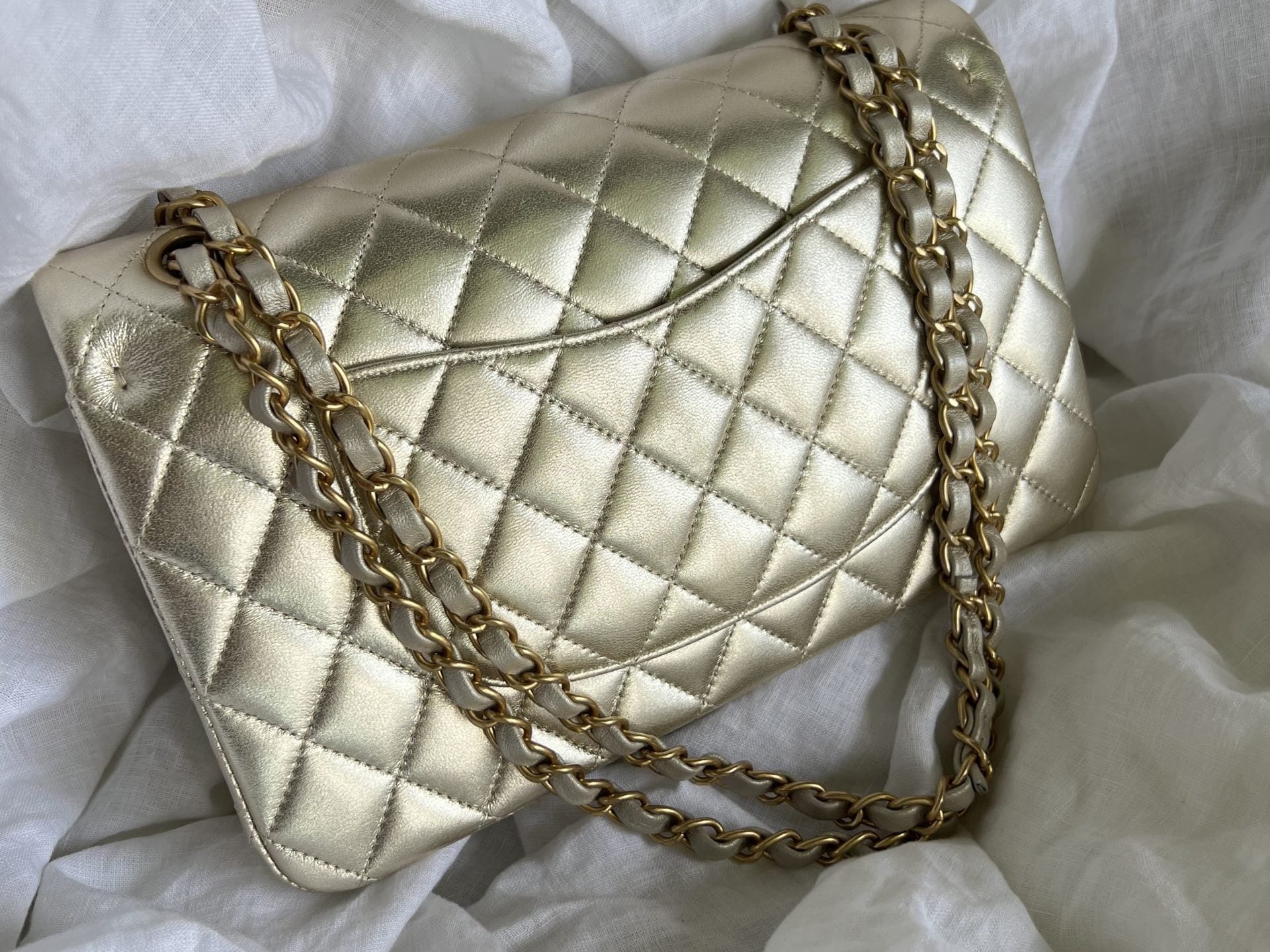 CHANEL Handbag Chanel Metallic Gold Lambskin Quilted Classic Flap Medium AGHW - Redeluxe