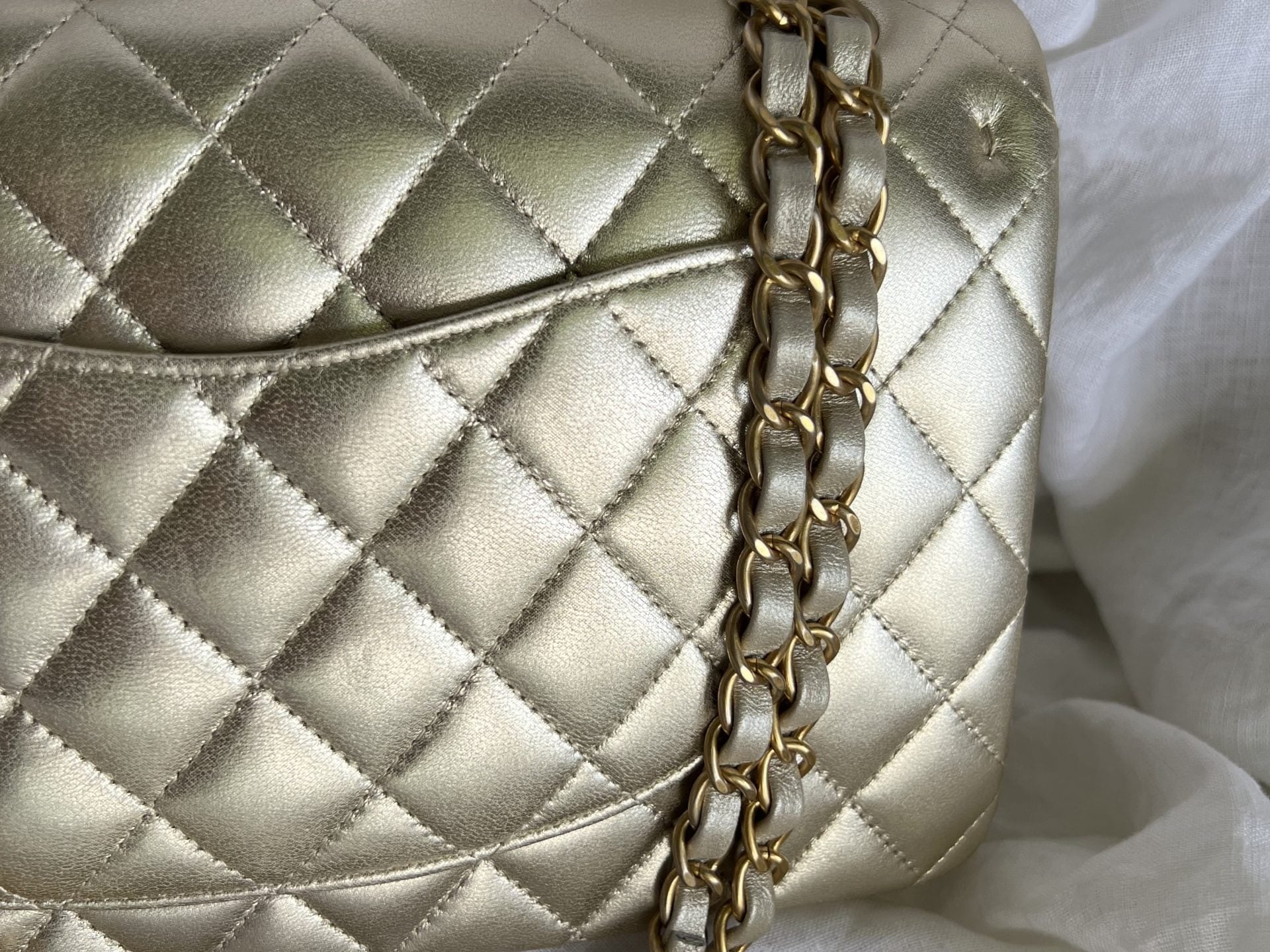 CHANEL Handbag Chanel Metallic Gold Lambskin Quilted Classic Flap Medium AGHW - Redeluxe