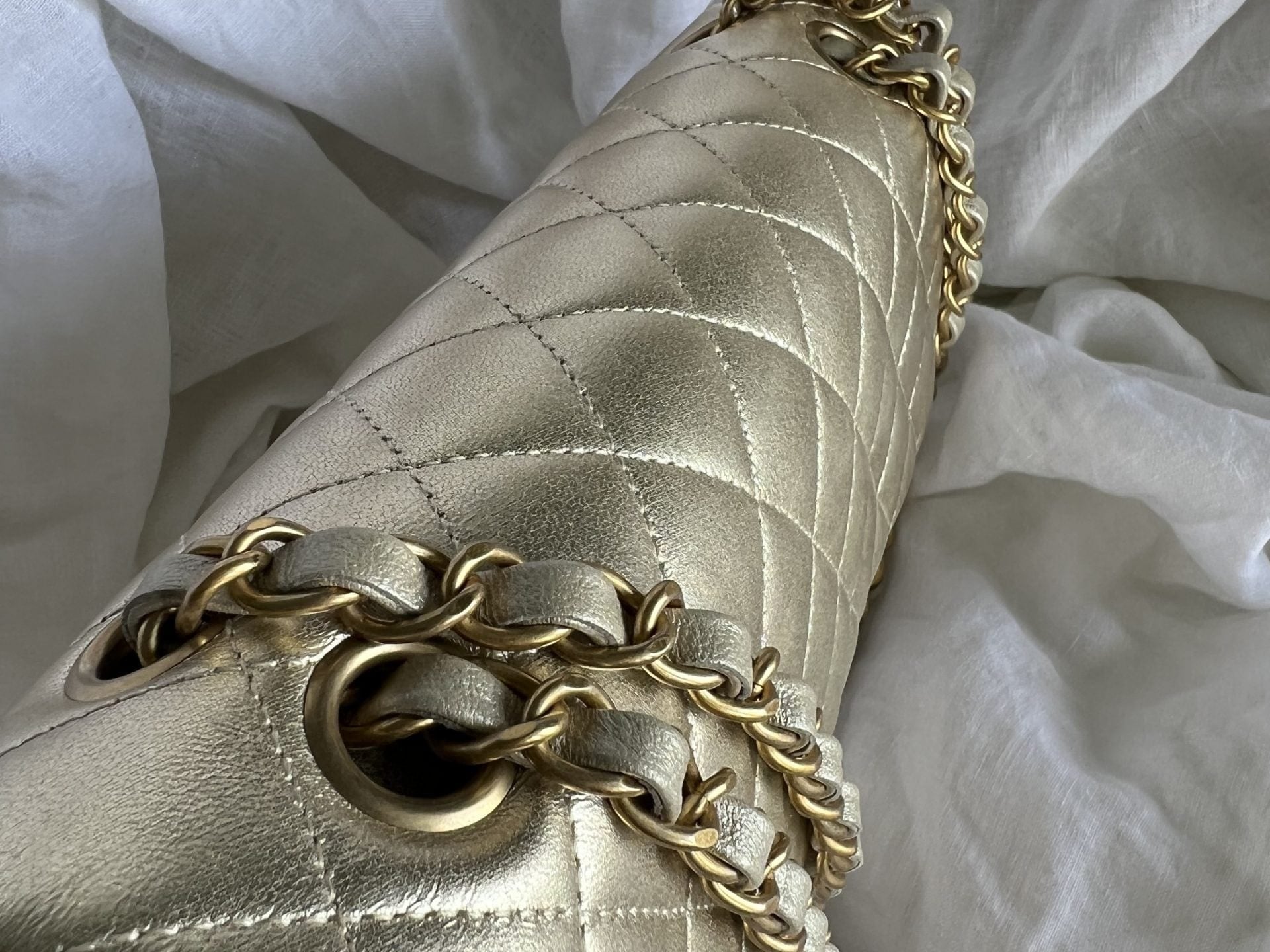 CHANEL Handbag Chanel Metallic Gold Lambskin Quilted Classic Flap Medium AGHW - Redeluxe