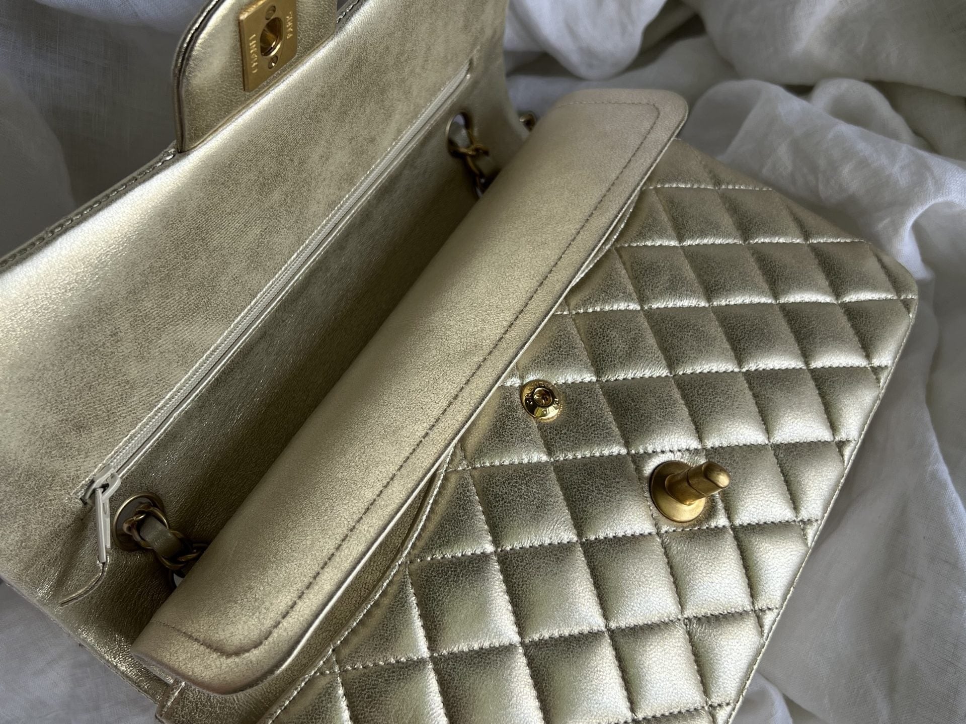 CHANEL Handbag Chanel Metallic Gold Lambskin Quilted Classic Flap Medium AGHW - Redeluxe