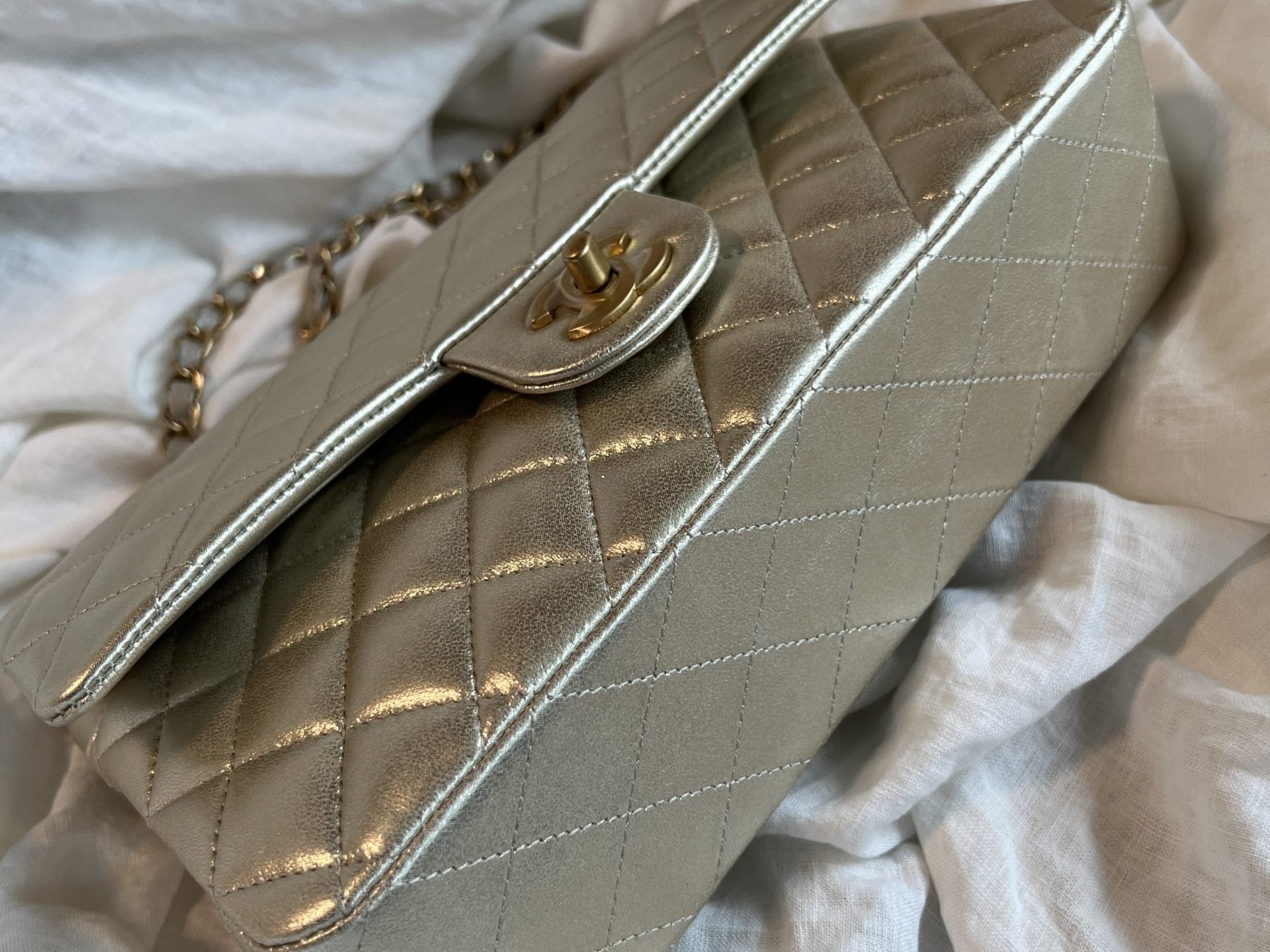 CHANEL Handbag Chanel Metallic Gold Lambskin Quilted Classic Flap Medium AGHW - Redeluxe