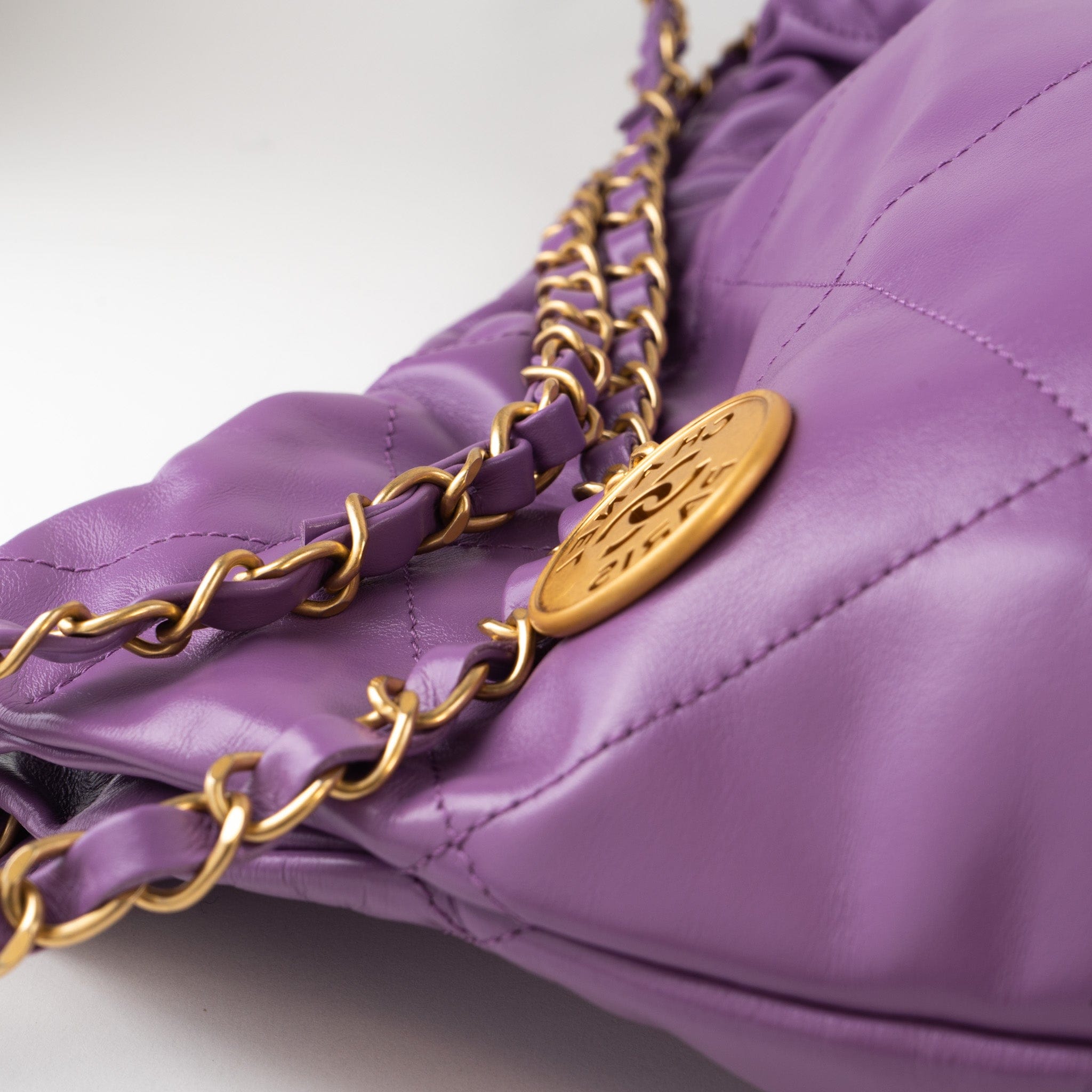 CHANEL Handbag Chanel Purple Calfskin Quilted 22 Drawstring Bag - Redeluxe