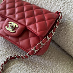 CHANEL Handbag Chanel Red Mini Square Lambskin Quilted Flap SHW - Redeluxe