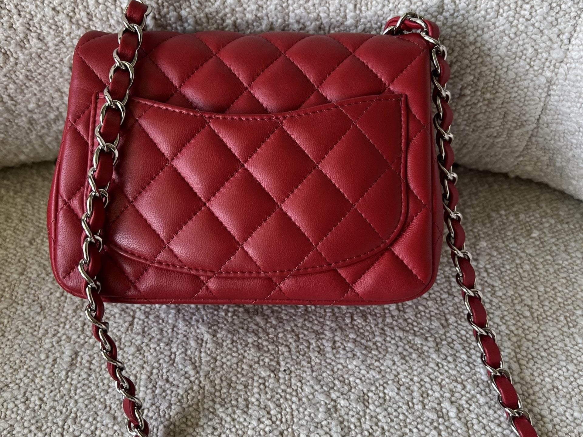 CHANEL Handbag Chanel Red Mini Square Lambskin Quilted Flap SHW - Redeluxe