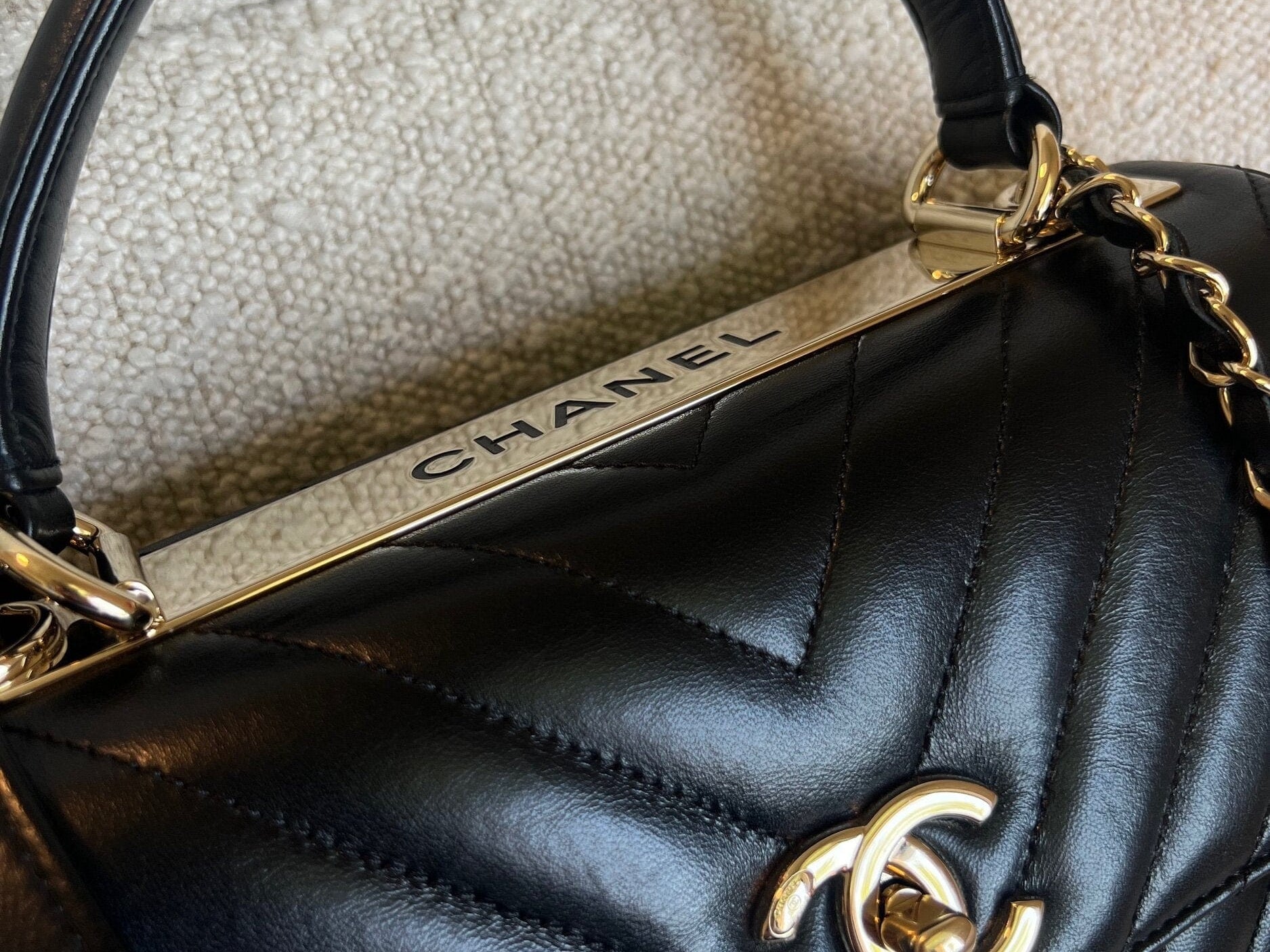 CHANEL Handbag Chanel Small Black Lambskin Chevron Trendy CC LGHW - Redeluxe