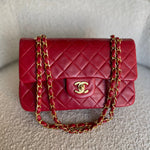 CHANEL Handbag Chanel Small Vintage Red Lambskin Quilted Classic Flap GHW - Redeluxe