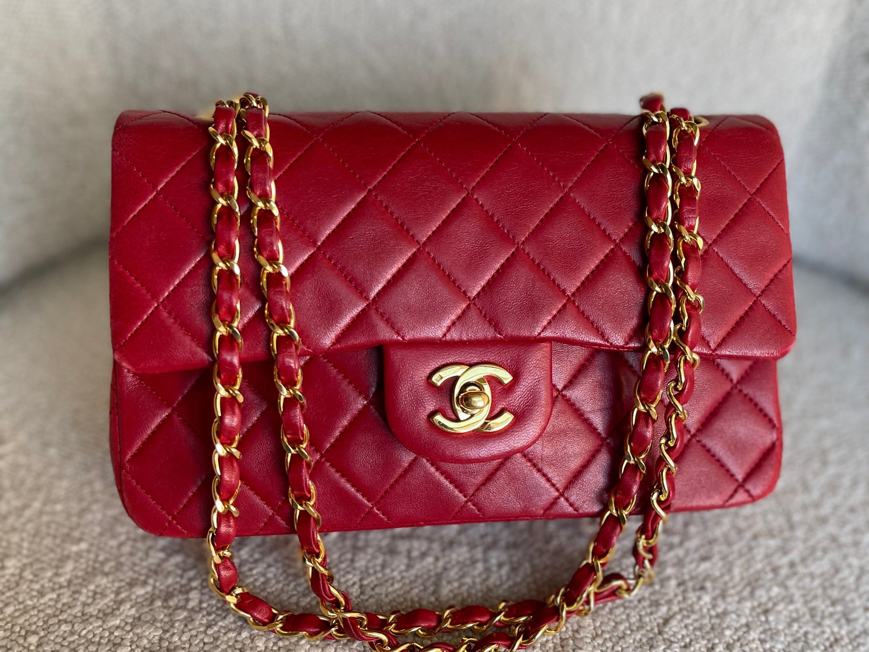 CHANEL Handbag Chanel Small Vintage Red Lambskin Quilted Classic Flap GHW - Redeluxe