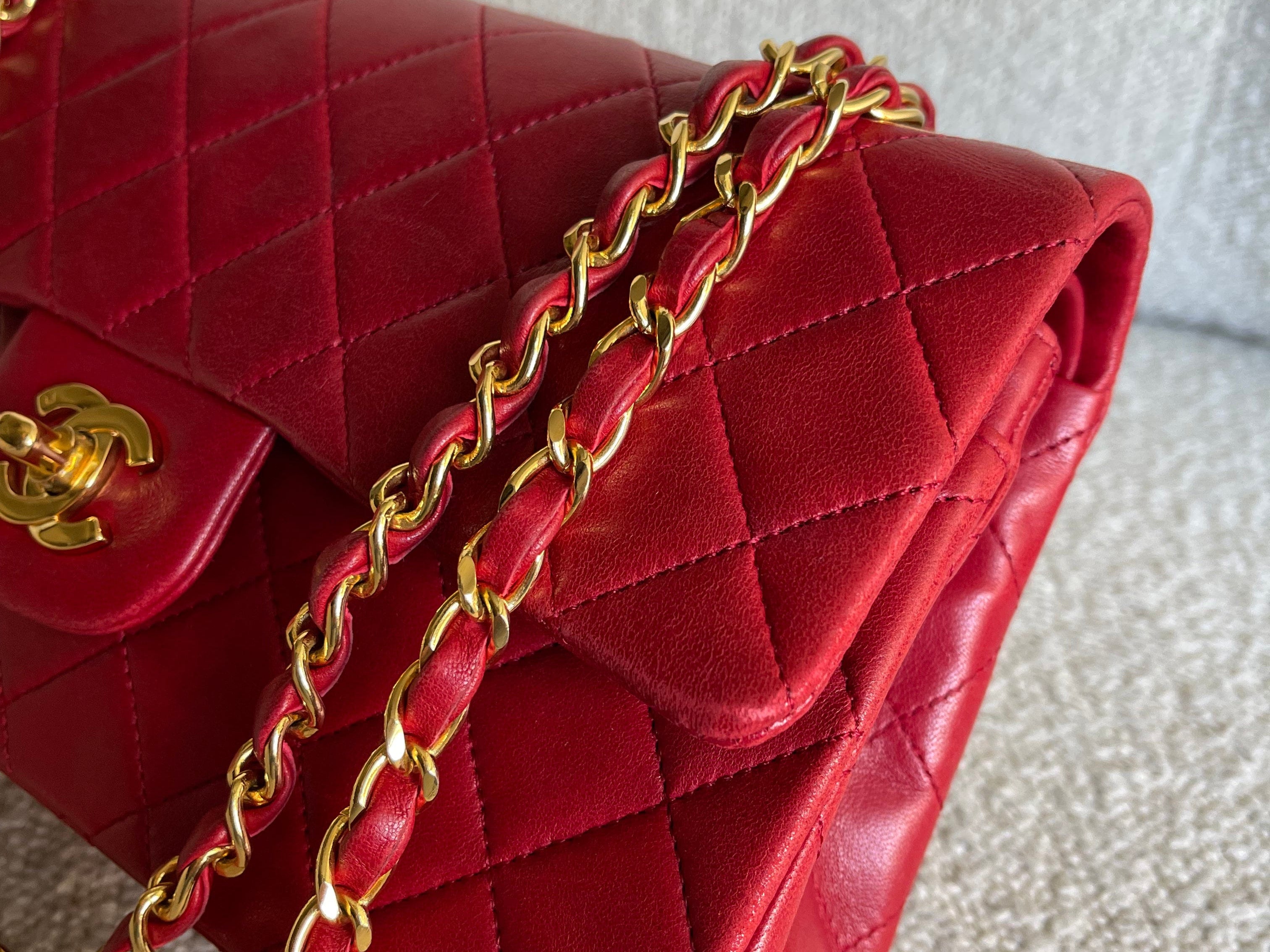 CHANEL Handbag Chanel Small Vintage Red Lambskin Quilted Classic Flap GHW - Redeluxe