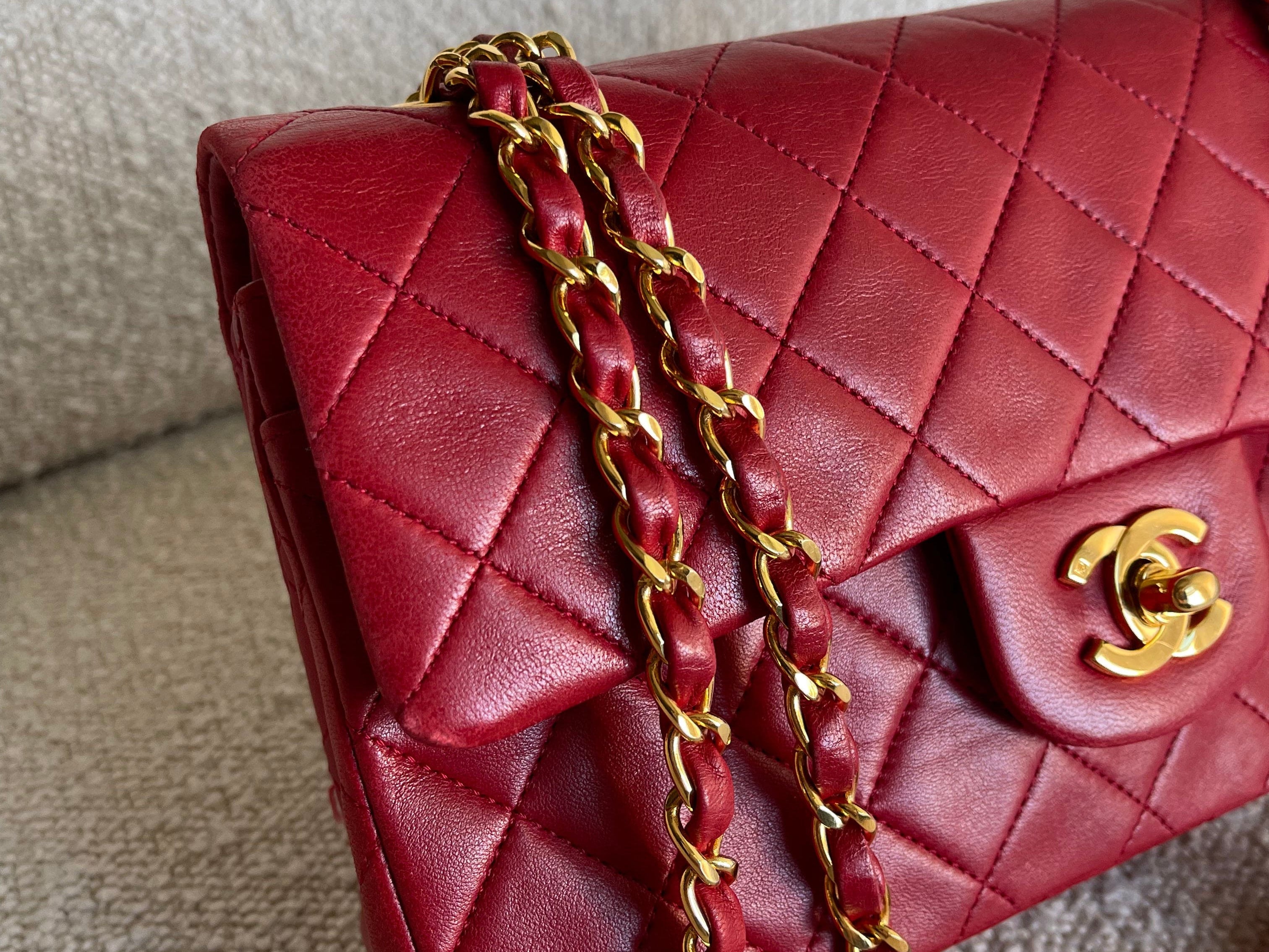 CHANEL Handbag Chanel Small Vintage Red Lambskin Quilted Classic Flap GHW - Redeluxe