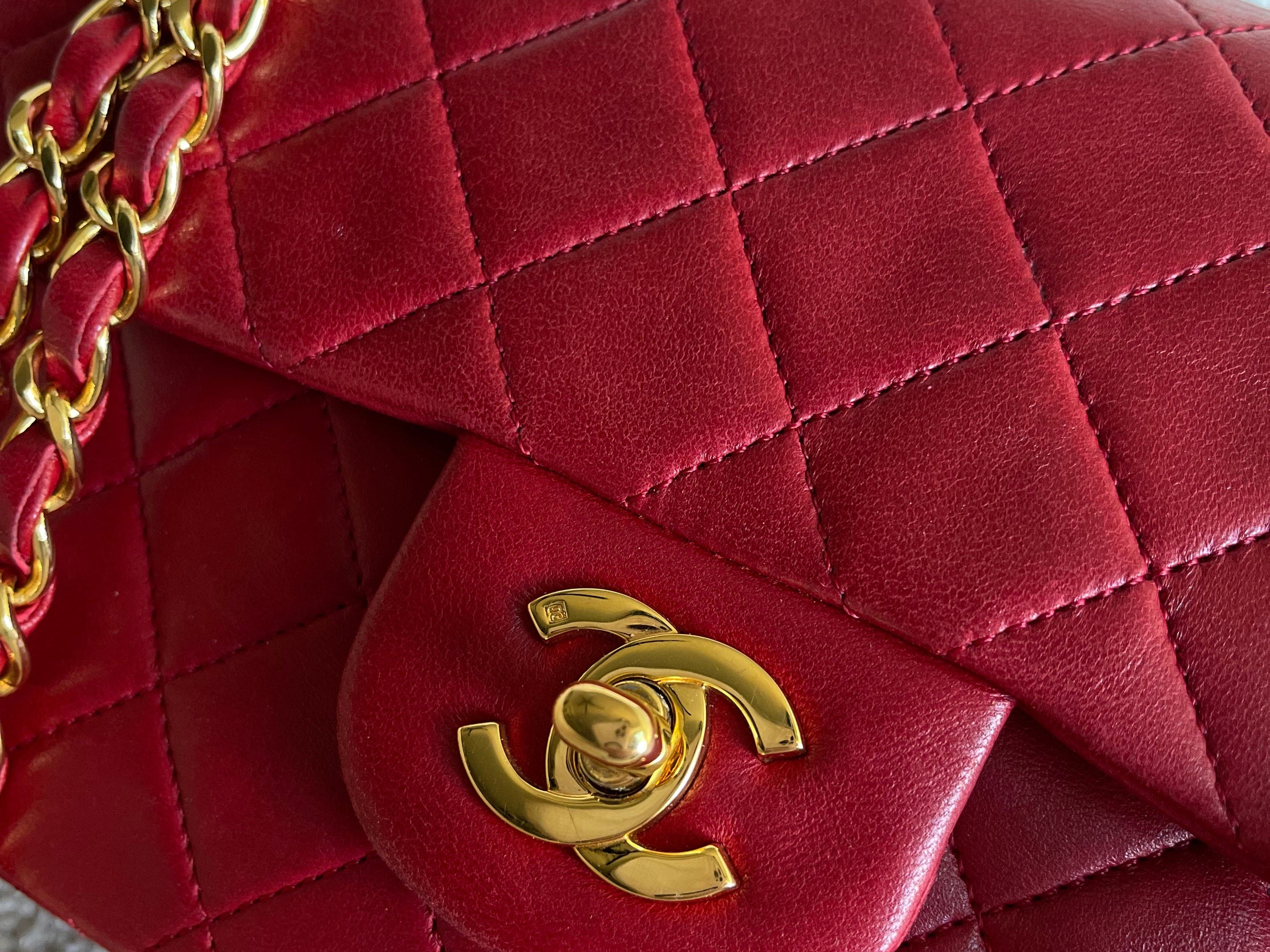 CHANEL Handbag Chanel Small Vintage Red Lambskin Quilted Classic Flap GHW - Redeluxe