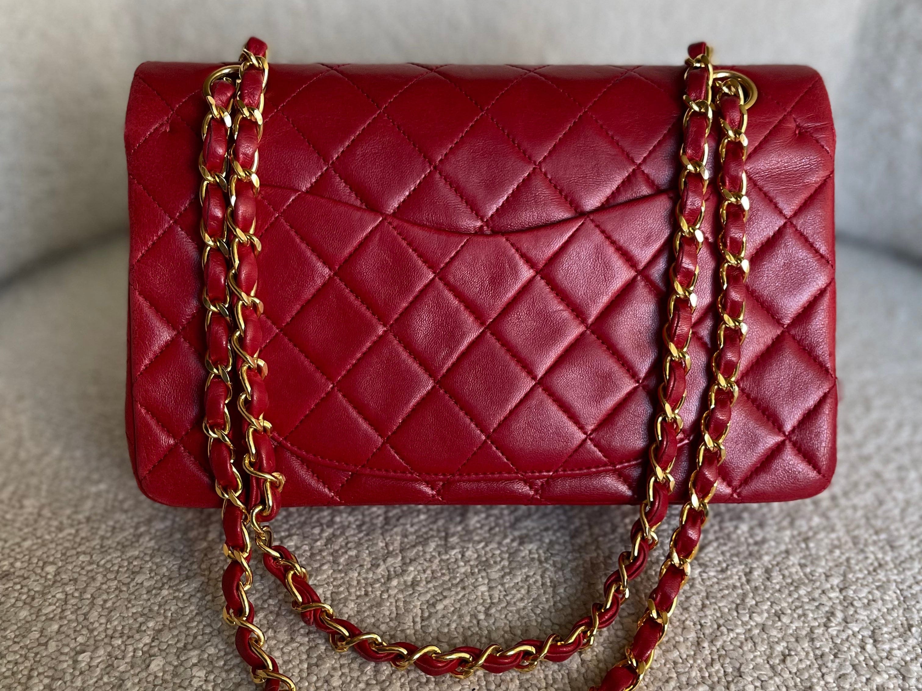 CHANEL Handbag Chanel Small Vintage Red Lambskin Quilted Classic Flap GHW - Redeluxe