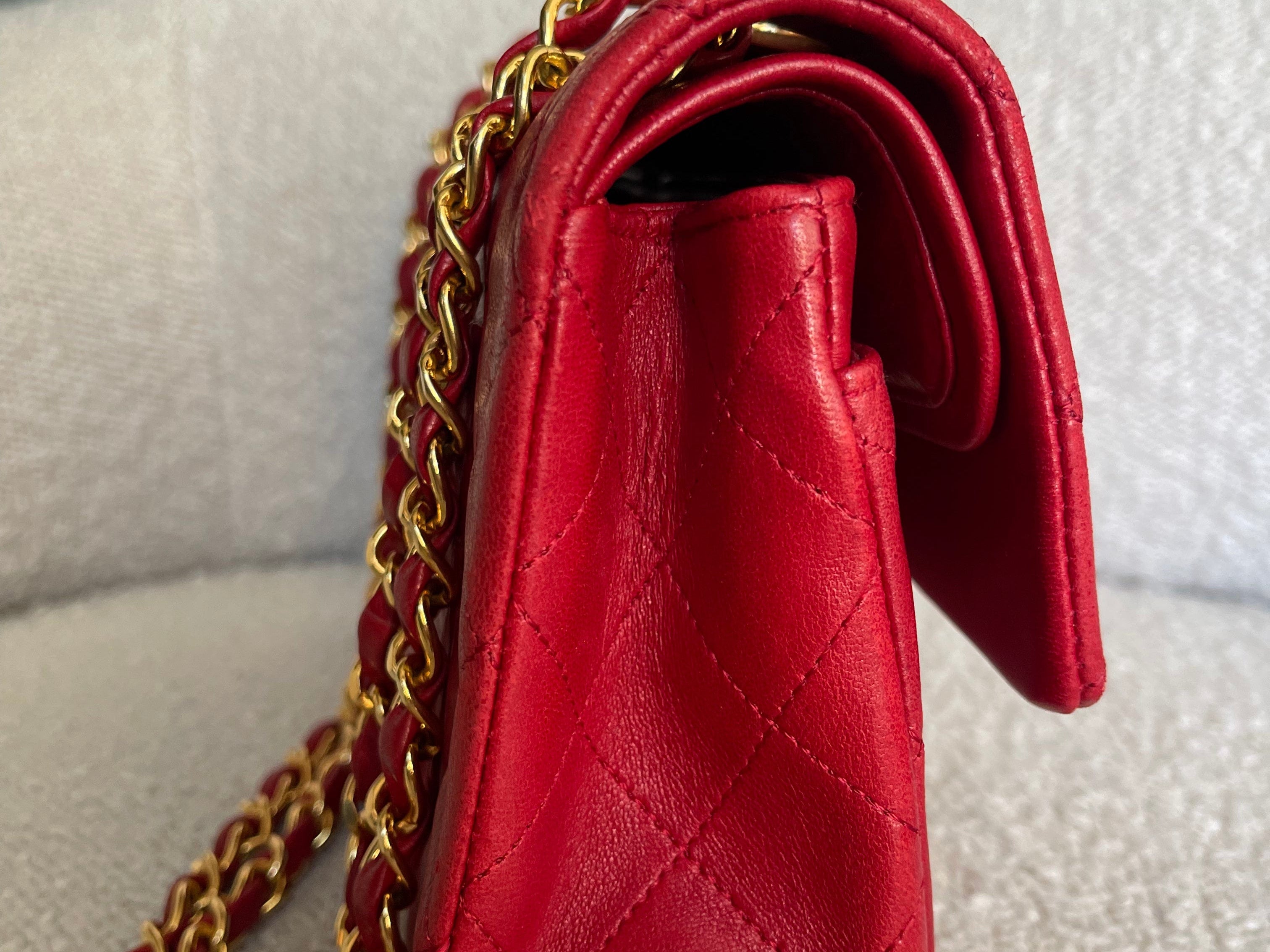 CHANEL Handbag Chanel Small Vintage Red Lambskin Quilted Classic Flap GHW - Redeluxe