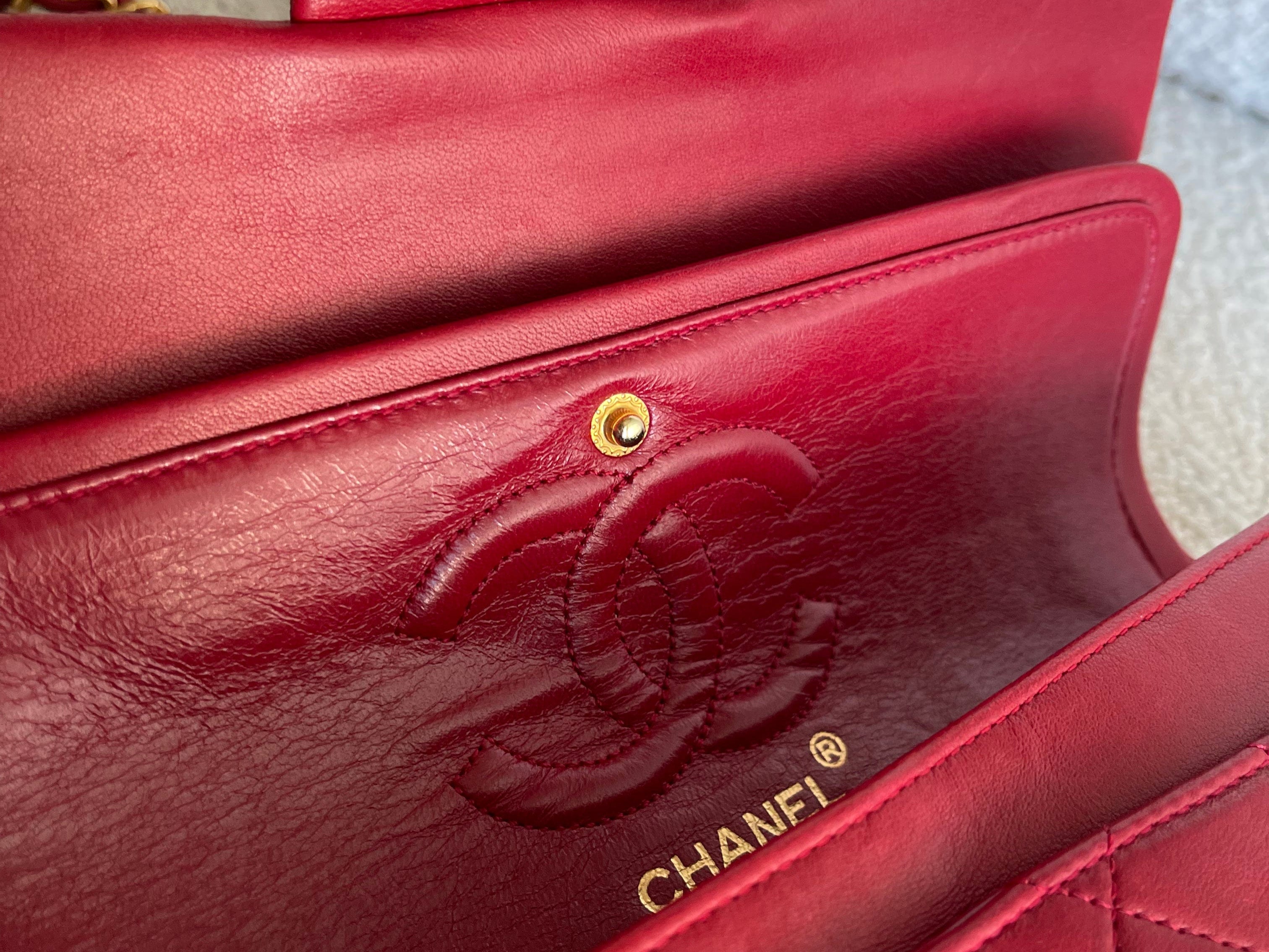 CHANEL Handbag Chanel Small Vintage Red Lambskin Quilted Classic Flap GHW - Redeluxe