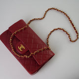 CHANEL Handbag Chanel Small Vintage Red Lambskin Quilted Classic Flap GHW - Redeluxe