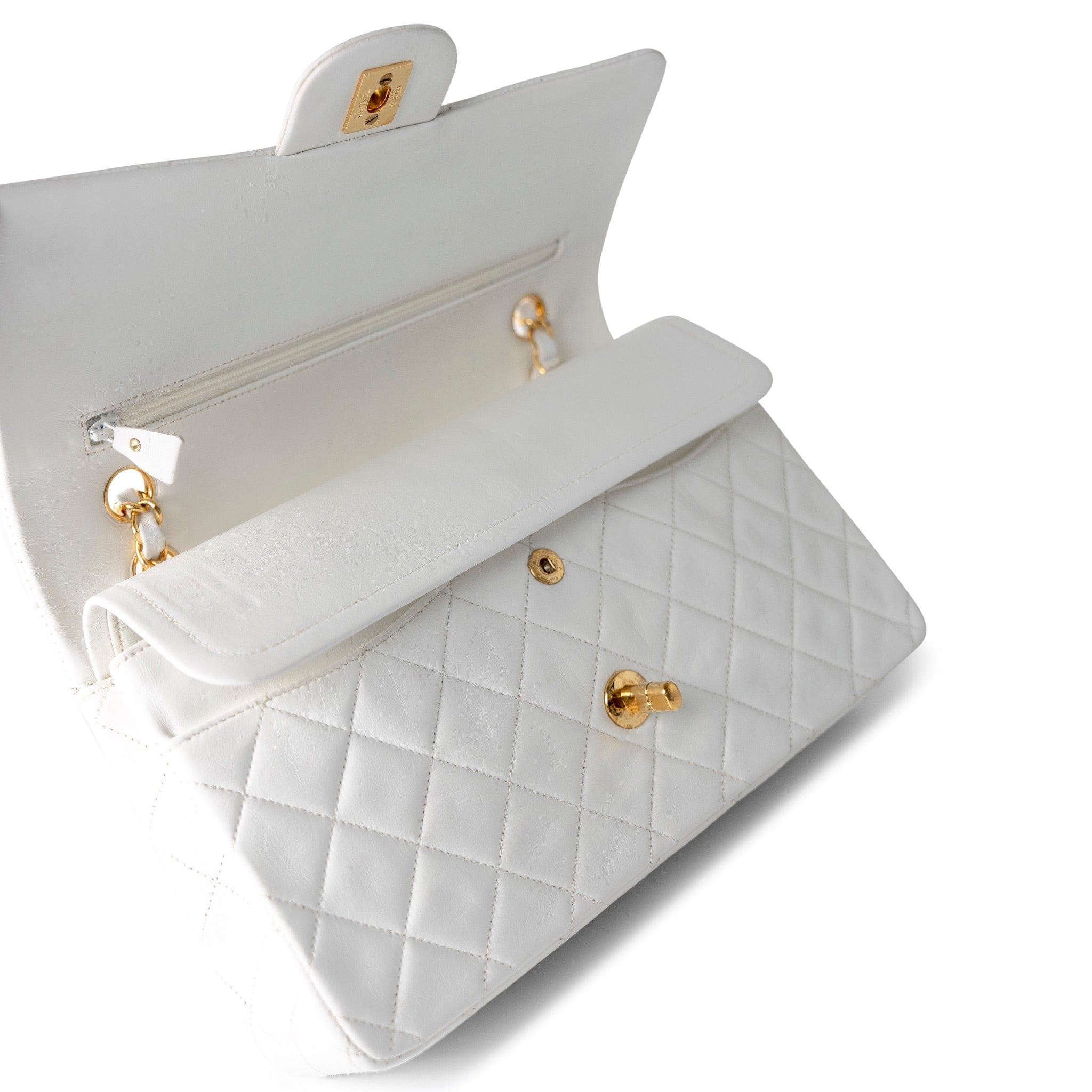 【ヴィンテージ】Rank:S☆Chanel WHITE Classic Flap Medium Bag Chanel White Vintage Classic Single Flap Bag Quilted Caviar
