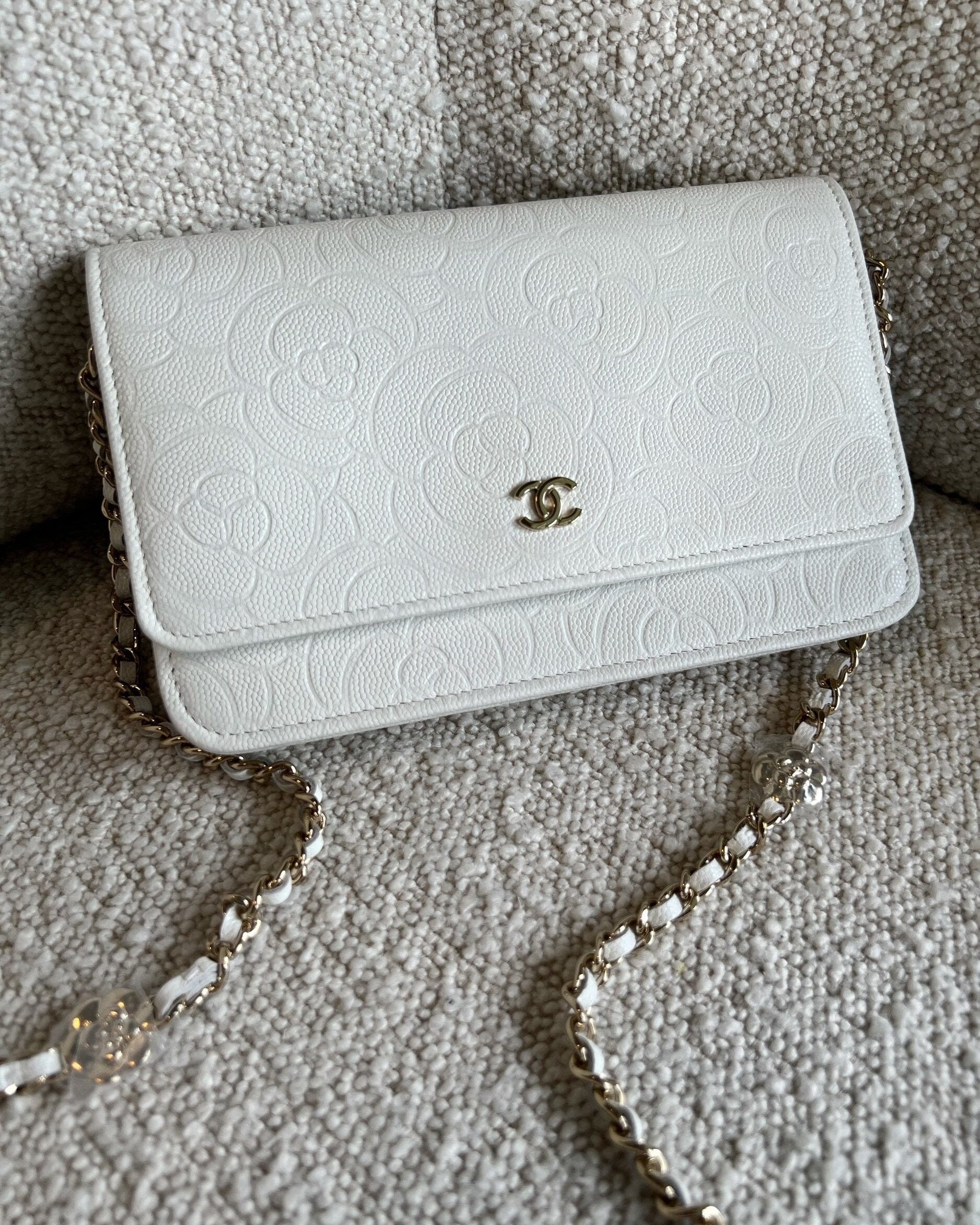 CHANEL Handbag Chanel White Caviar Quilted Camellia Wallet on Chain LGHW (WOC) - Redeluxe