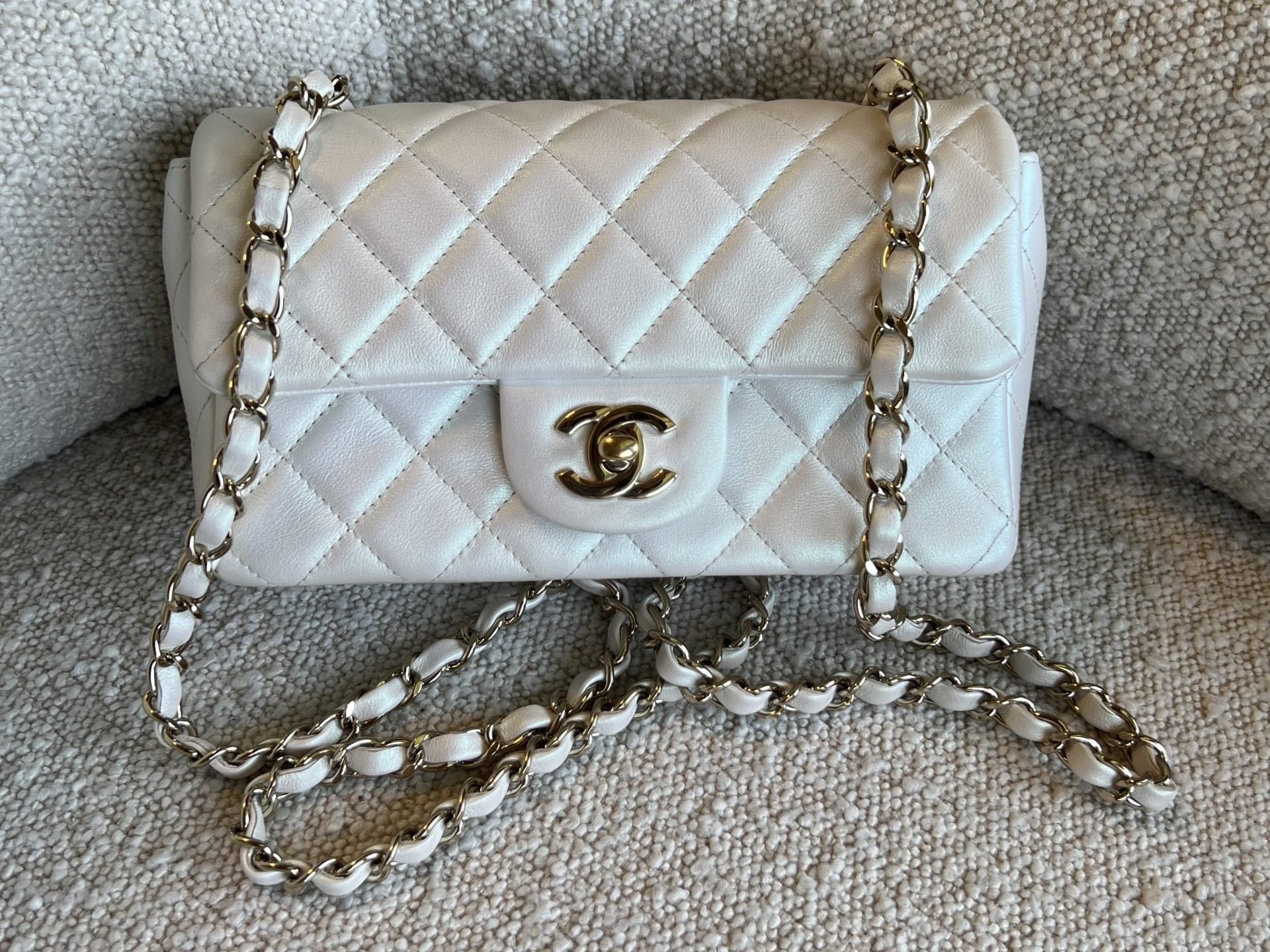 CHANEL Handbag Chanel White Iridescent Mini Rectangular LGHW - Redeluxe