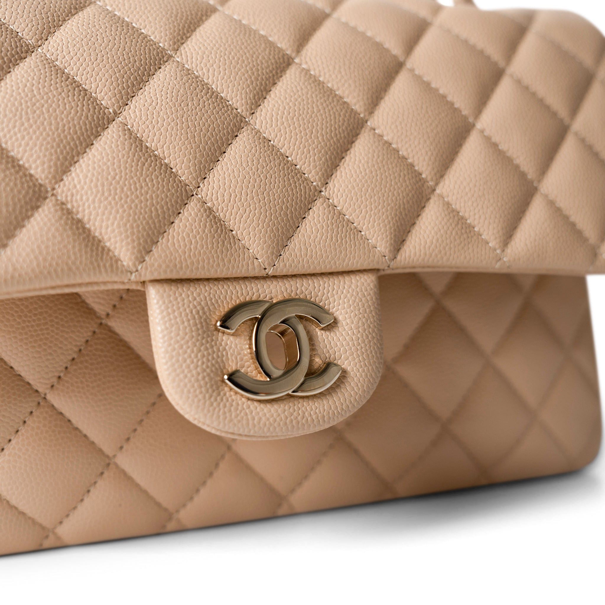 CHANEL Handbag Classic flap / Beige Beige / Tan Caviar Quilted Classic Flap Medium Light Gold Hardware - Redeluxe