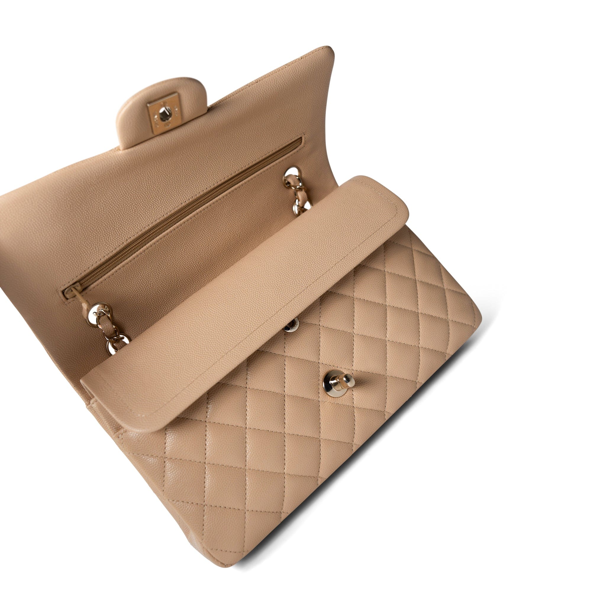 CHANEL Handbag Classic flap / Beige Beige / Tan Caviar Quilted Classic Flap Medium Light Gold Hardware - Redeluxe