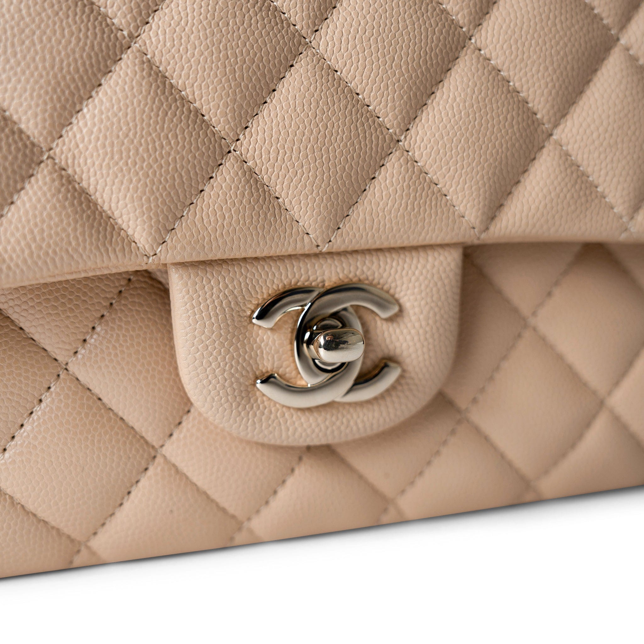 CHANEL Handbag Classic flap / Beige Beige / Tan Caviar Quilted Classic Flap Medium Light Gold Hardware - Redeluxe