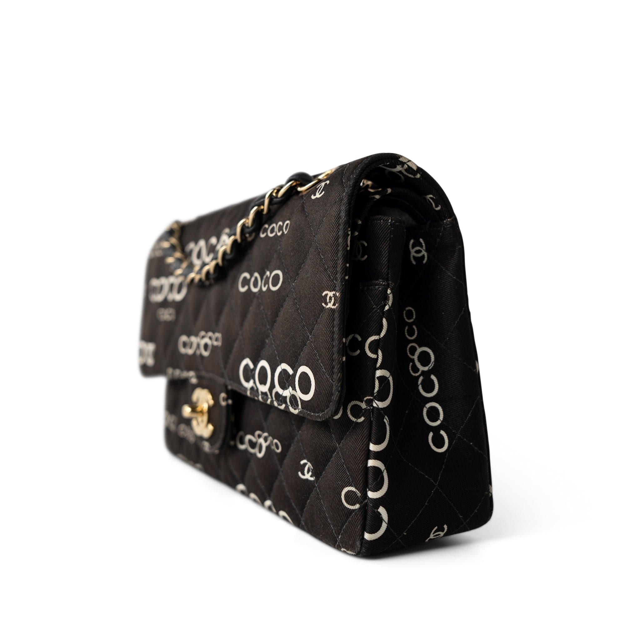 Black Canvas Quilted COCO Medium Classic Flap Light Gold Hardware