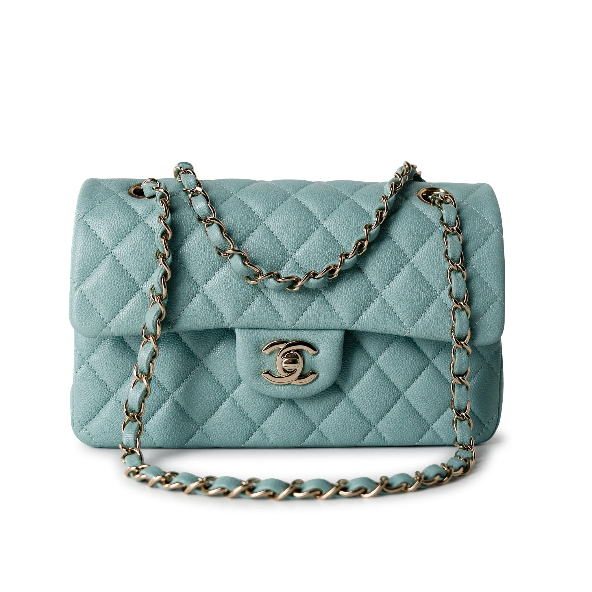 CHANEL Handbag Classic flap / Blue 19C Tiffany Blue Caviar Quilted Classic Flap Small Light Gold Hardware - Redeluxe