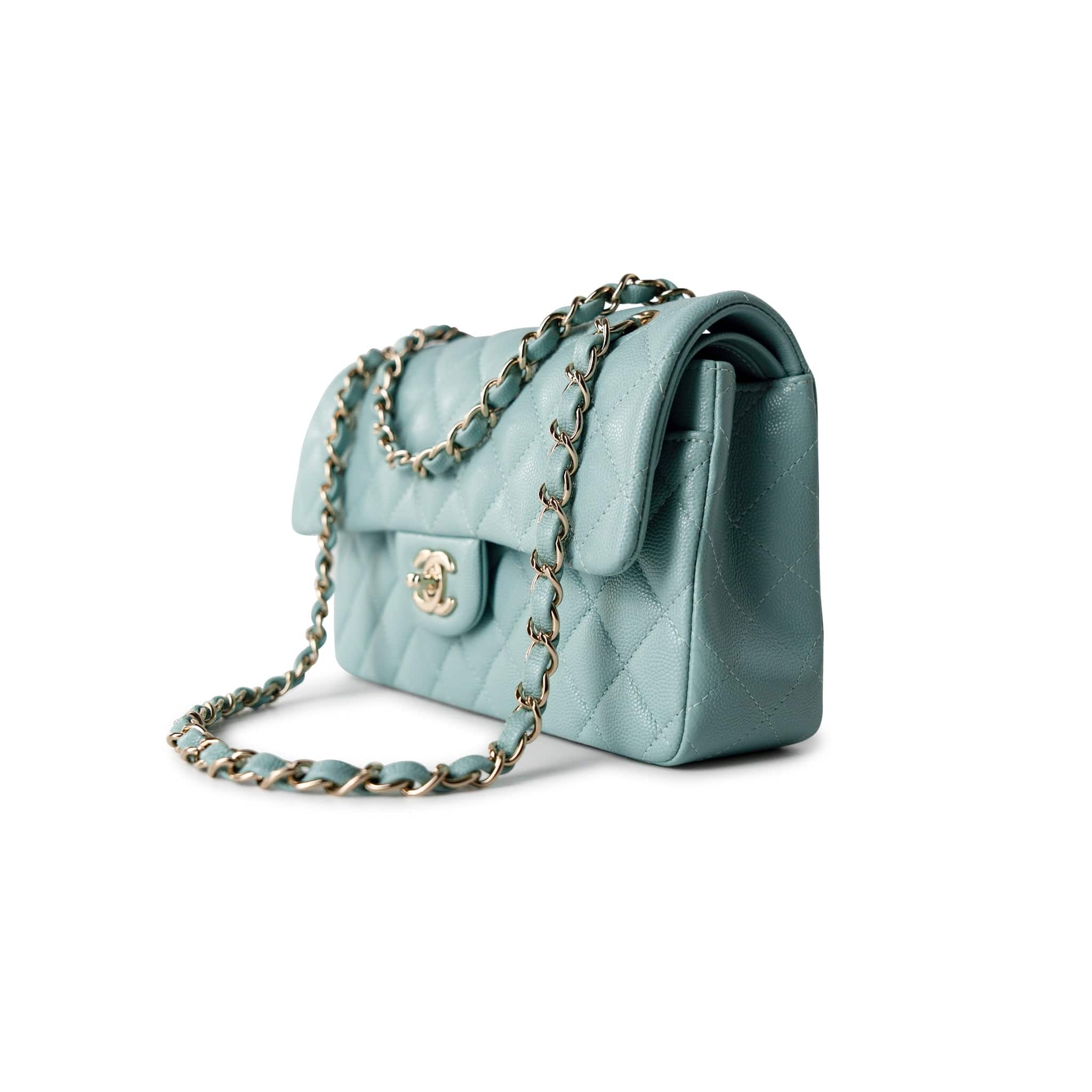 CHANEL Handbag Classic flap / Blue 19C Tiffany Blue Caviar Quilted Classic Flap Small Light Gold Hardware - Redeluxe