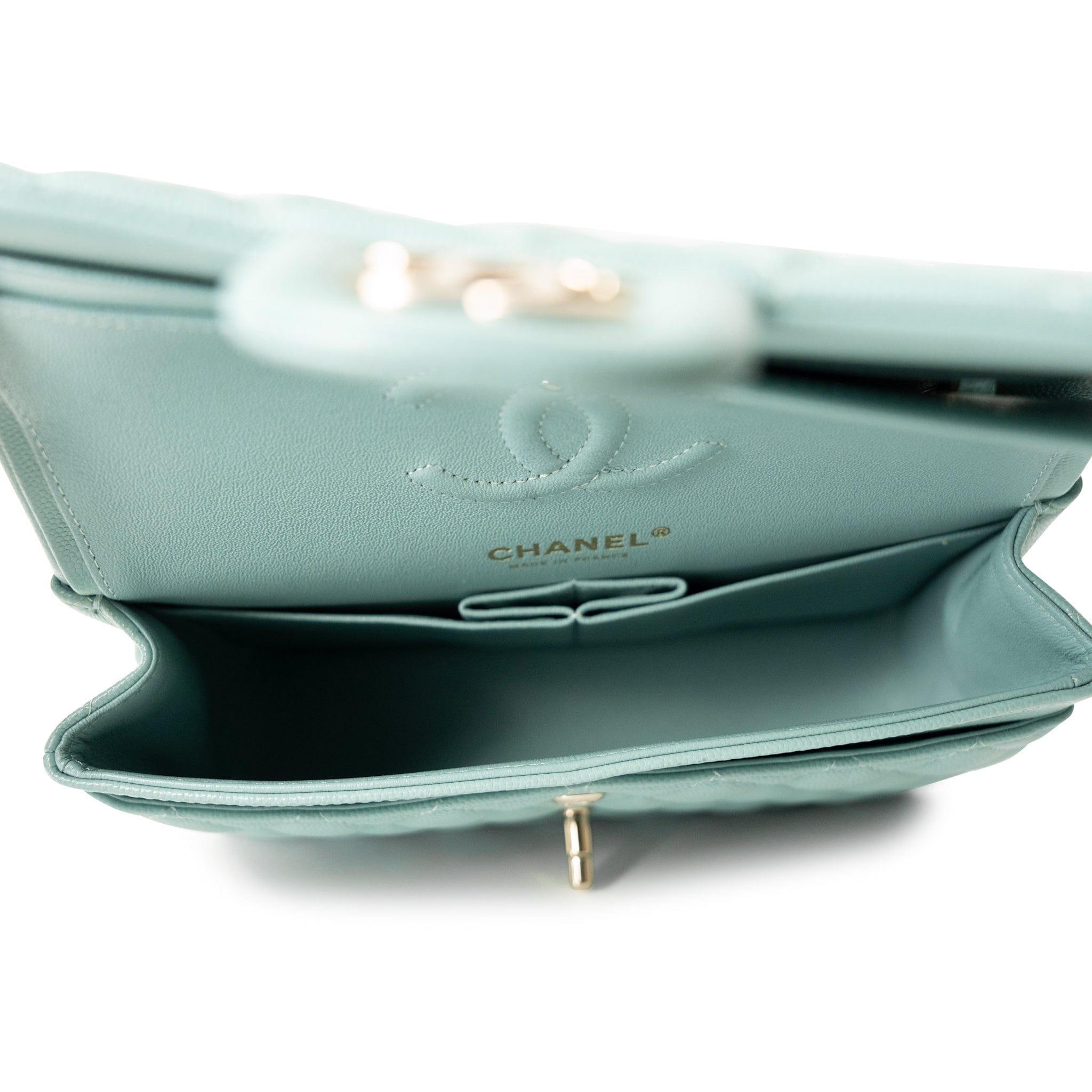 CHANEL Handbag Classic flap / Blue 19C Tiffany Blue Caviar Quilted Classic Flap Small Light Gold Hardware - Redeluxe