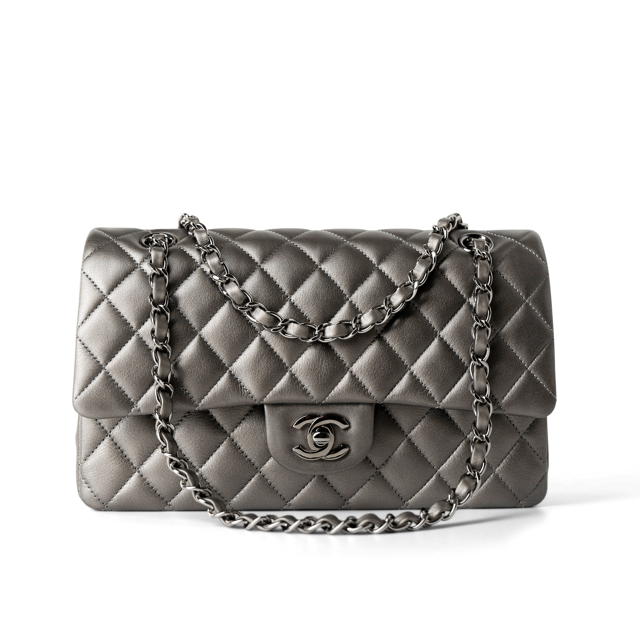 CHANEL Handbag Classic flap / Grey 21B Metallic Ruthenium Lambskin Quilted Classic Flap Medium Ruthenium Hardware - Redeluxe