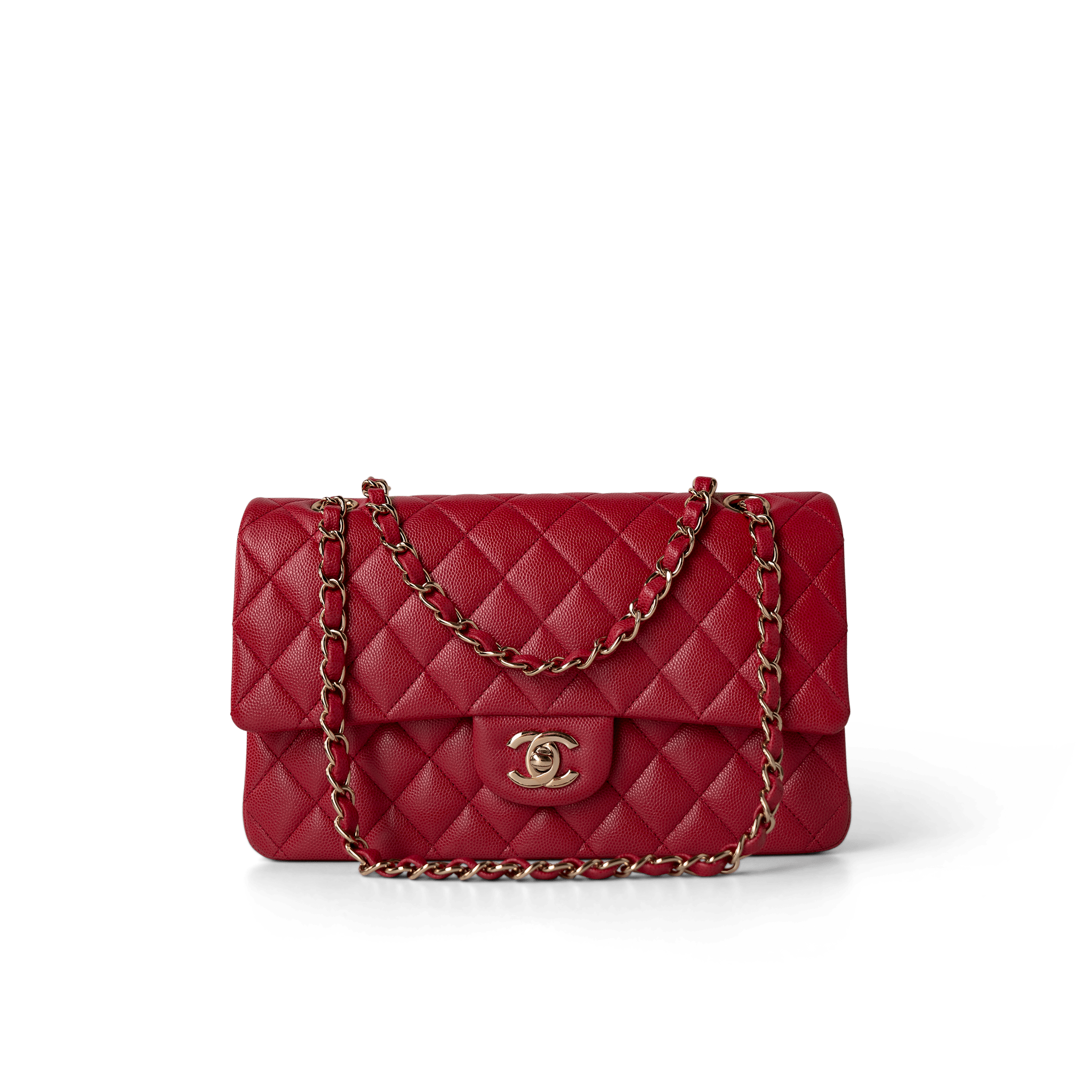 CHANEL Handbag Classic Flap / Red Red Caviar Quilted Classic Flap Medium Light Gold Hardware - Redeluxe