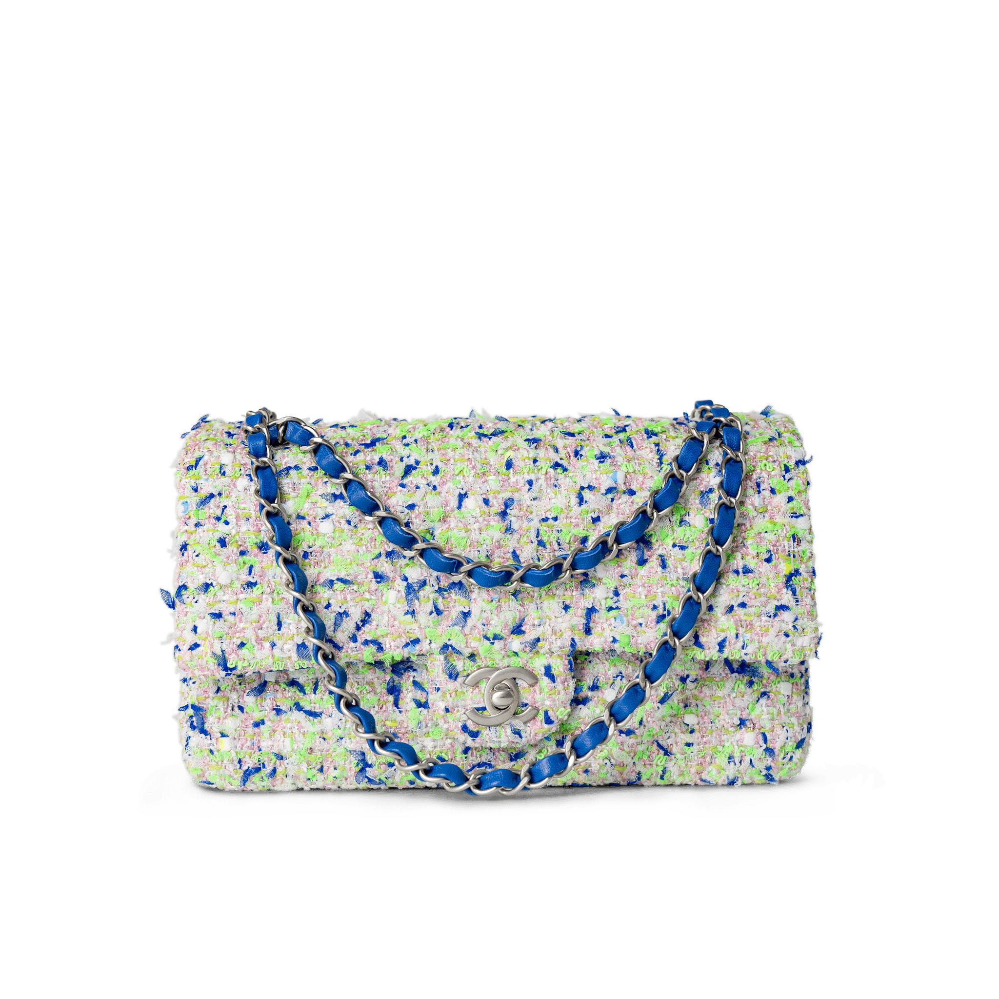 CHANEL Handbag Classic Flap / White 23S White Blue Green Tweed Quilted Classic Flap Medium - Redeluxe